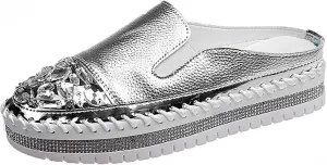 SOLPNOW Women'S Rhinestone Platform Loafers Round Toe Flats,Slip-On Fashionable Low-Cut Casual Shoes with Increase Height,Comfortable Non-Slip Walking Shoes