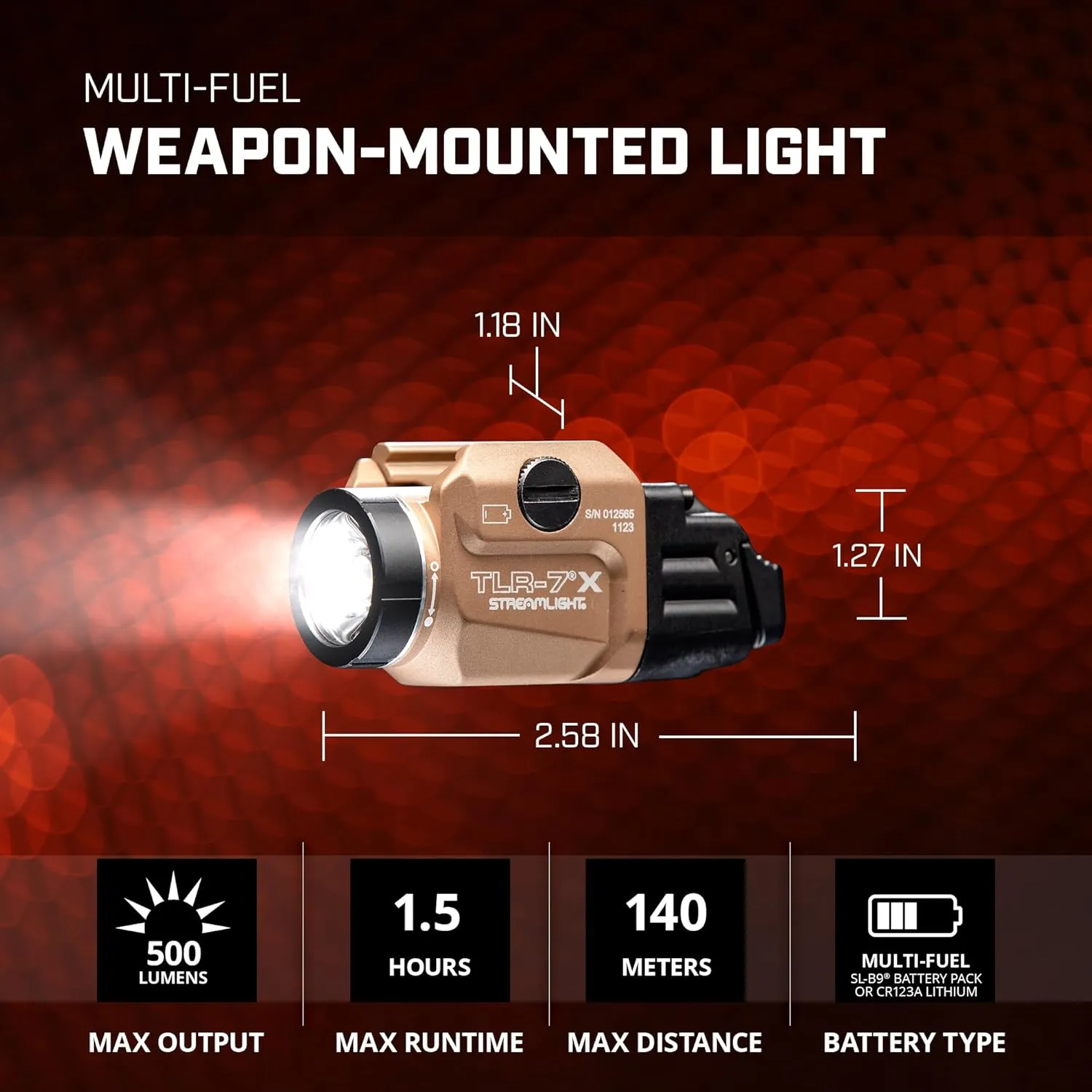 Streamlight 69429 TLR-7 X 500-Lumen Compact Tactical Weapon Light with High & Low Paddle Switches and Key Kit, Flat Dark Earth