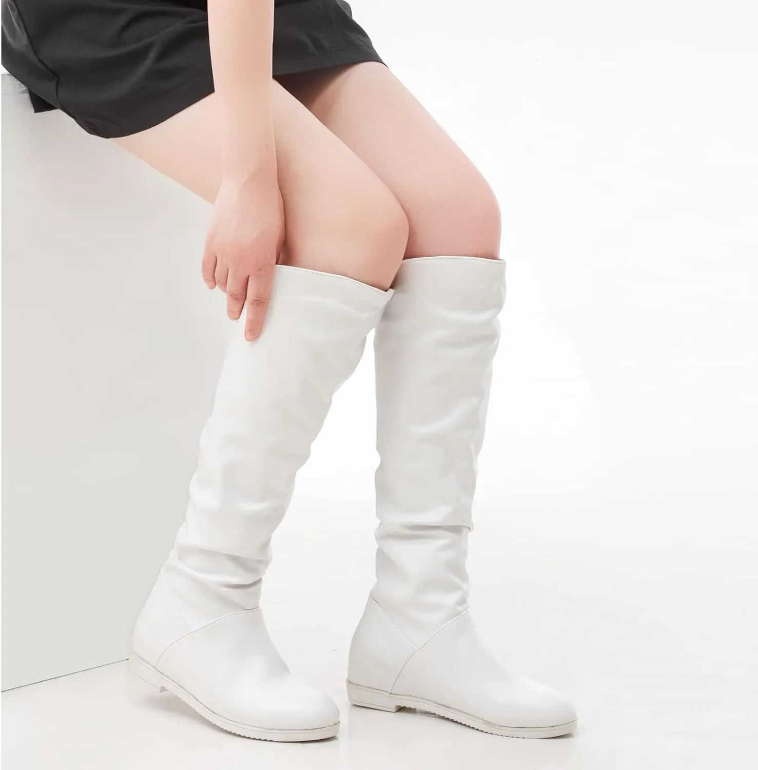Sungtin Women's Faux Leather Knee High Flat Slouch Boots