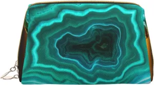 Teal Agate Print Travel Makeup Bag, Women's Large Capacity Makeup Bag, Waterproof Portable Bag, Open Flat Makeup Bag