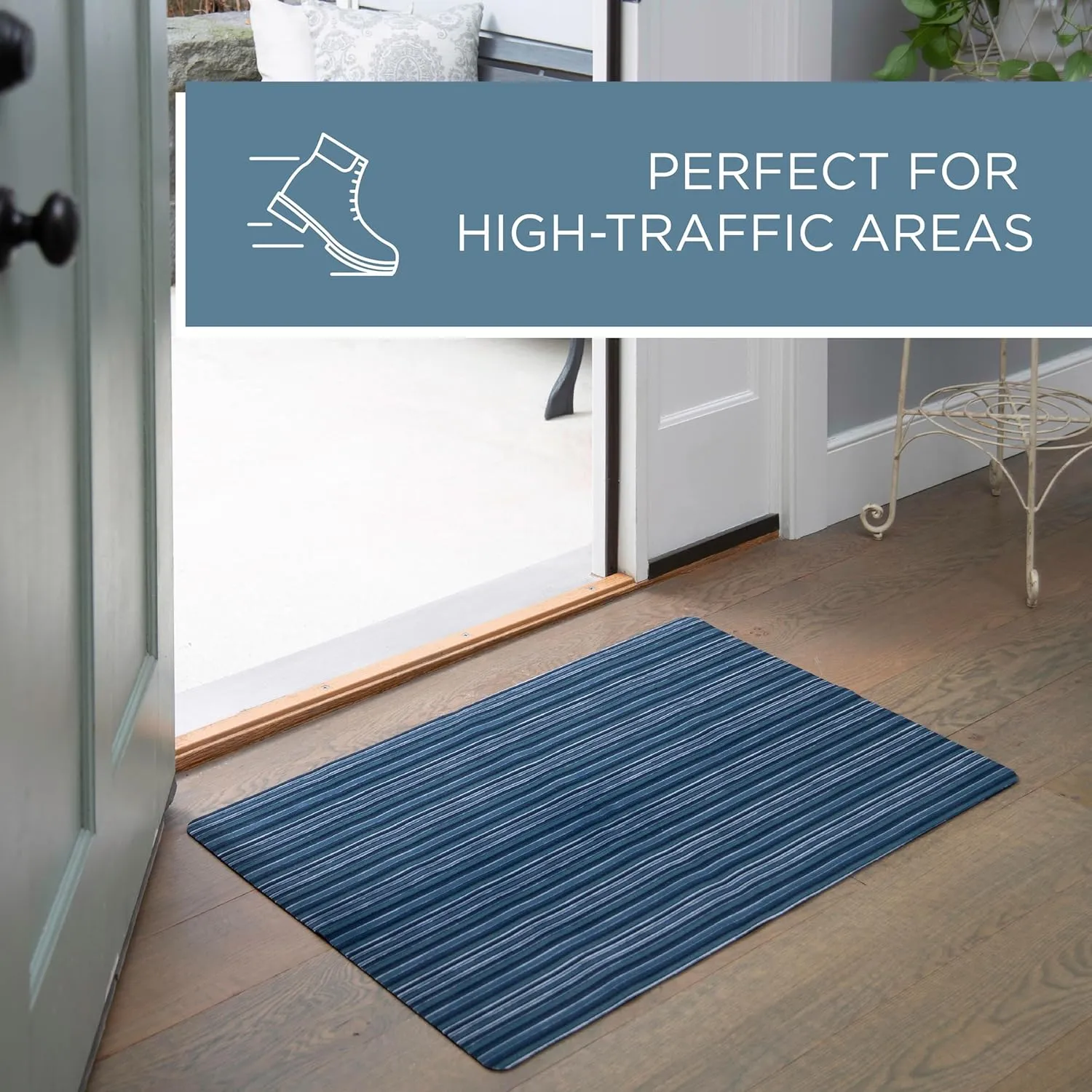 TOWN & COUNTRY BASICS Smooth Step Striped Low Profile Utility Kitchen Mat, Machine Washable, with Non-Slip Backing, Blue/Black, 24"x35"