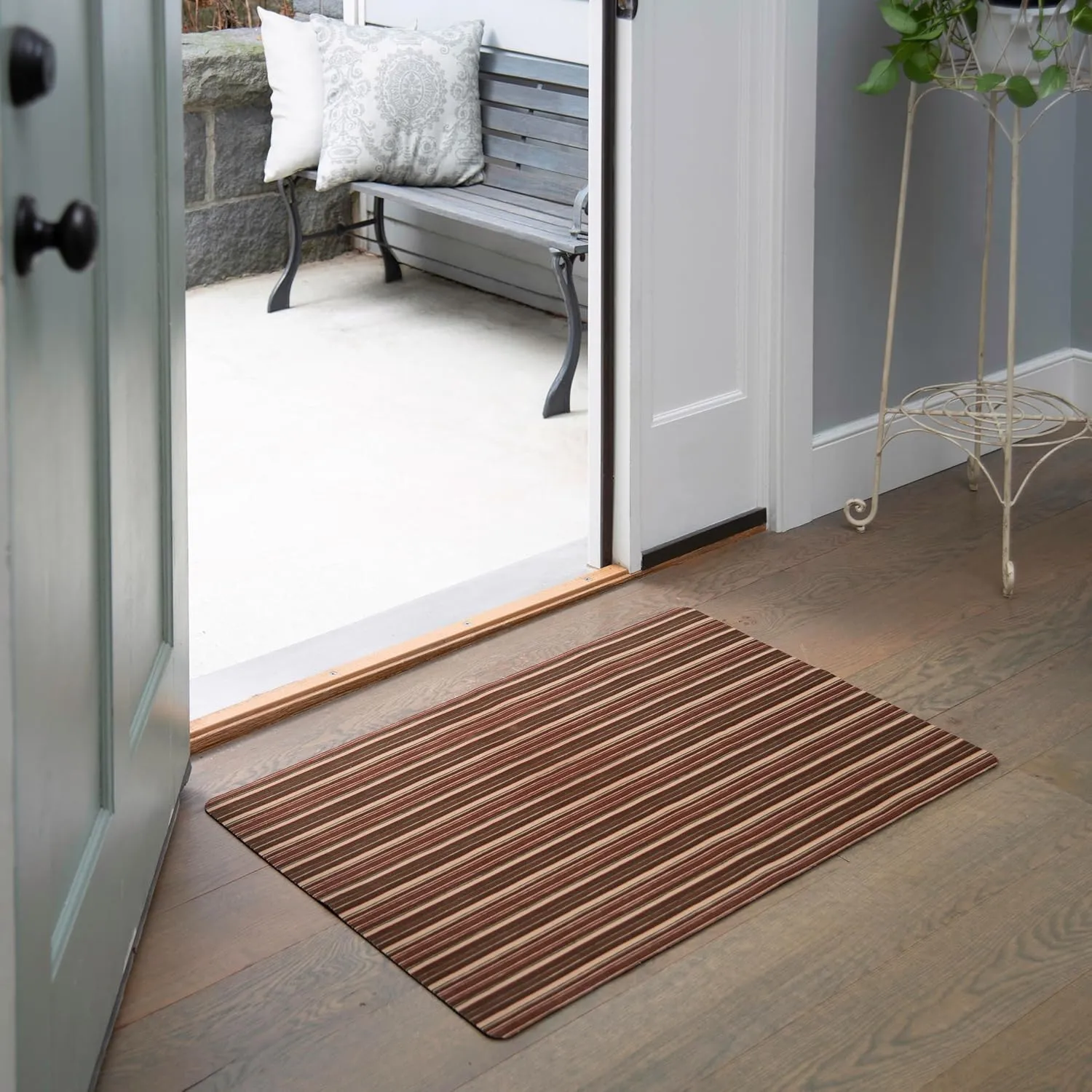TOWN & COUNTRY BASICS Smooth Step Striped Low Profile Utility Kitchen Mat, Machine Washable, with Non-Slip Backing, Brown/Beige, 24"x35"
