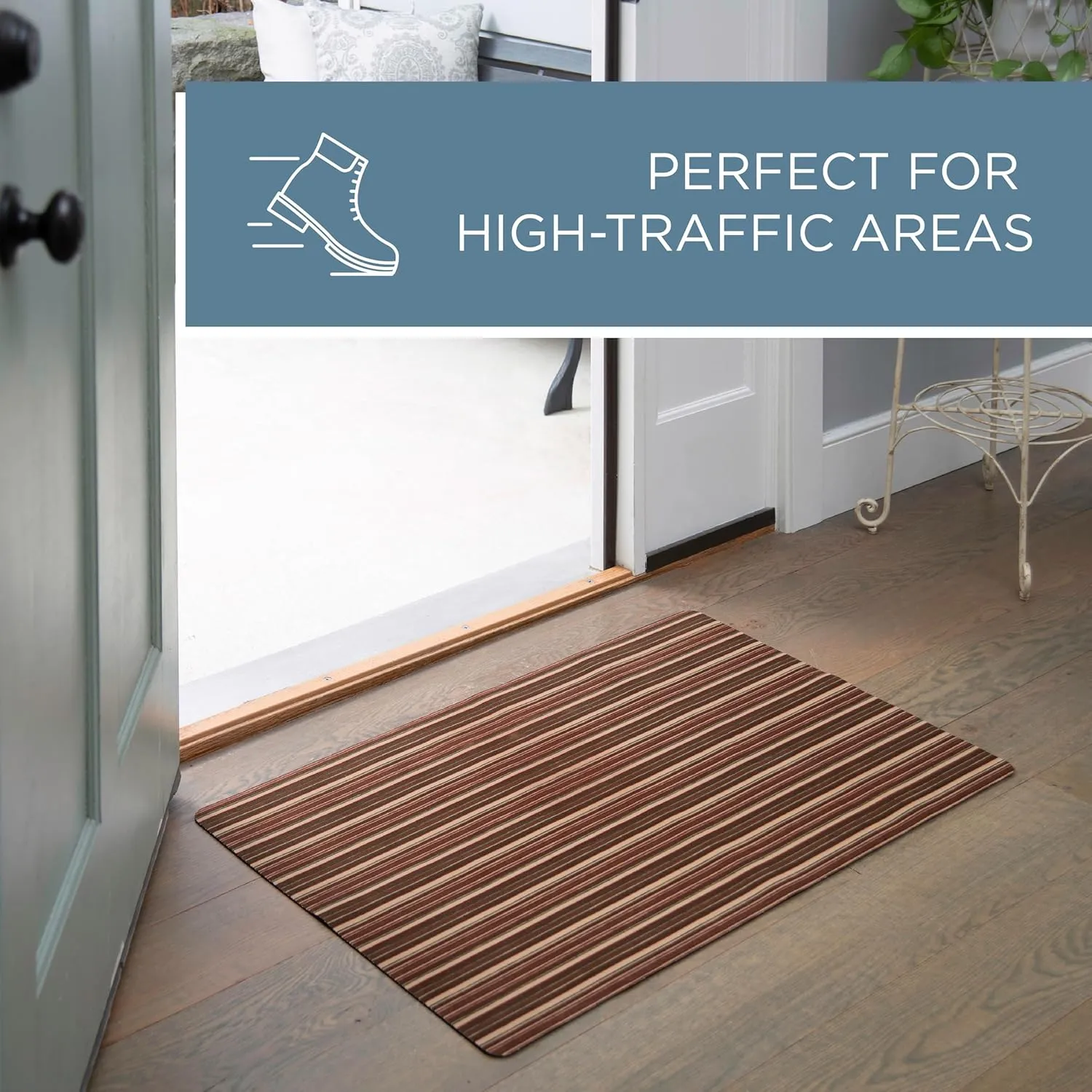 TOWN & COUNTRY BASICS Smooth Step Striped Low Profile Utility Kitchen Mat, Machine Washable, with Non-Slip Backing, Brown/Beige, 24"x35"