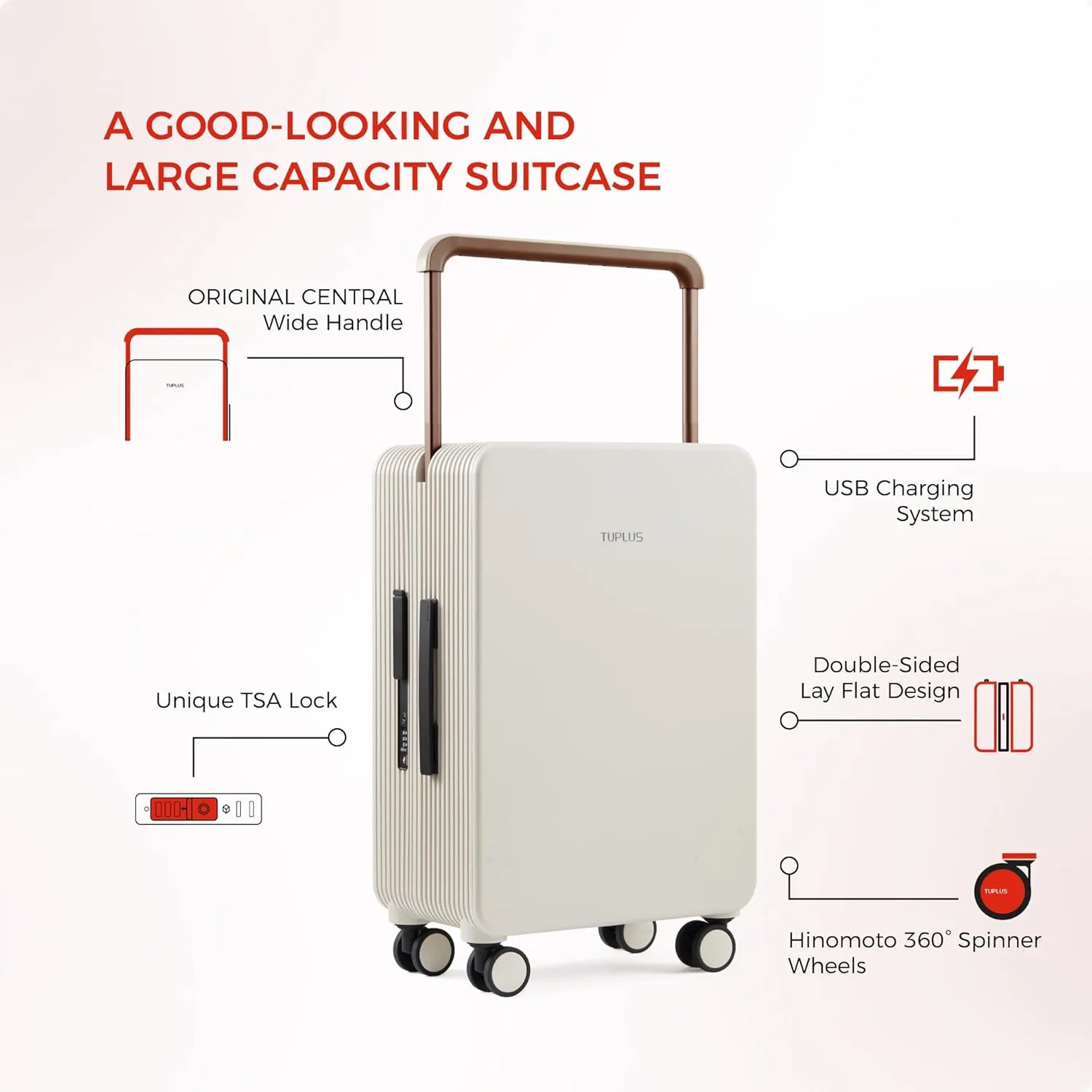 TUPLUS Suitcase ABS Hard Shell Luggage with 4 Spinner Wheels Hold Check in Travel Case, Balance Series