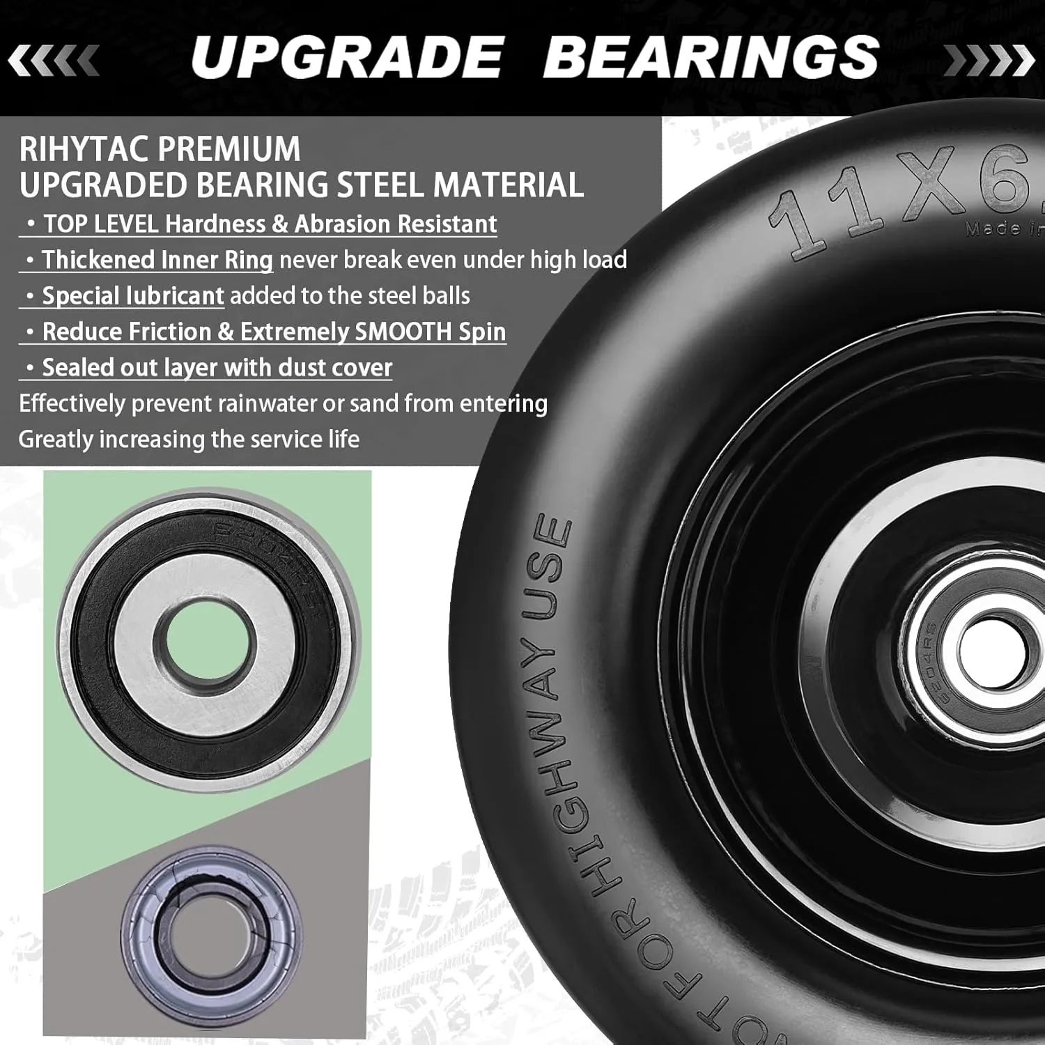 Upgrade 11x6.00-5" Flat Free Tires,2Pcs Solid Smooth Lawn Mower Tires Assembly with 3/4" 5/8" Bearing for Bad Boy Mower Tires,Cub Cadet Front Tire,Riding Lawn Mower Tire,Zero Turn Lawn Mower Tires