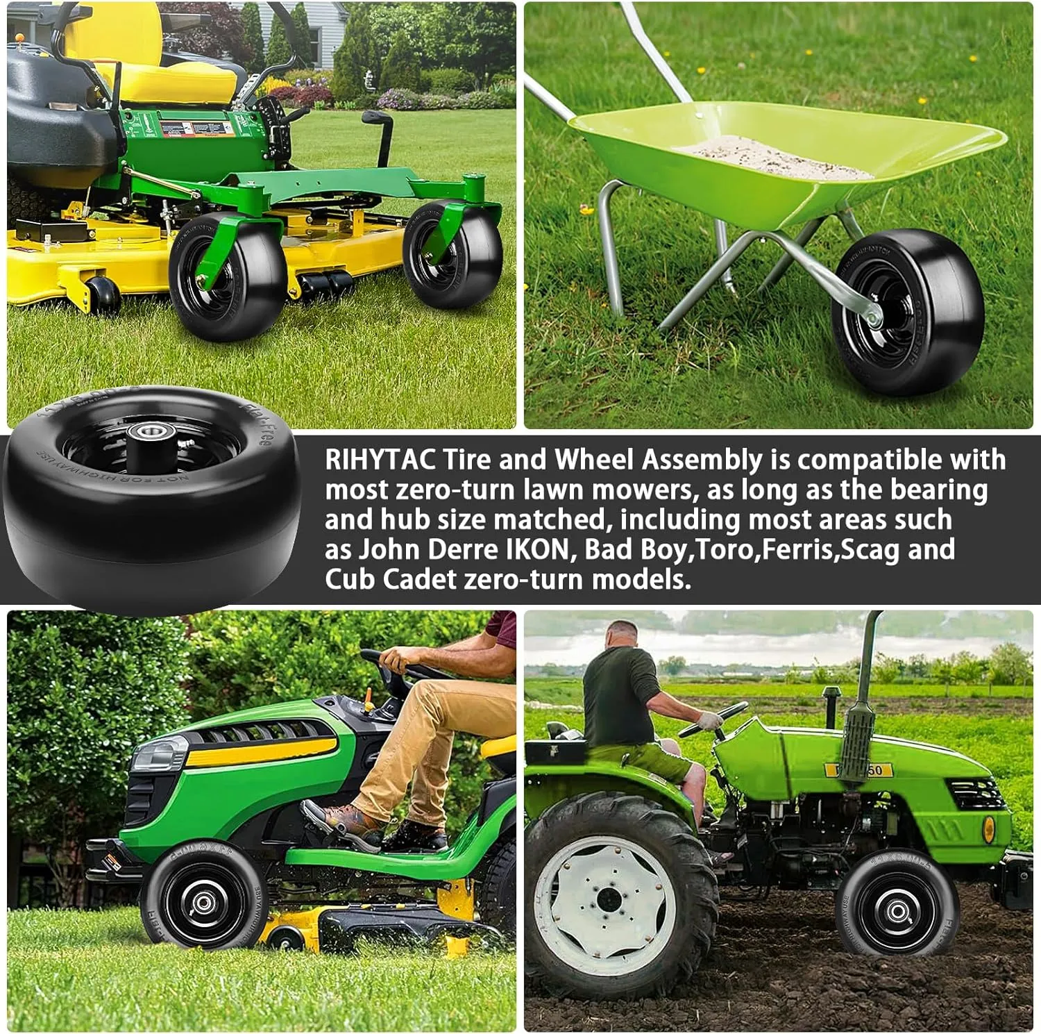 Upgrade 11x6.00-5" Flat Free Tires,2Pcs Solid Smooth Lawn Mower Tires Assembly with 3/4" 5/8" Bearing for Bad Boy Mower Tires,Cub Cadet Front Tire,Riding Lawn Mower Tire,Zero Turn Lawn Mower Tires