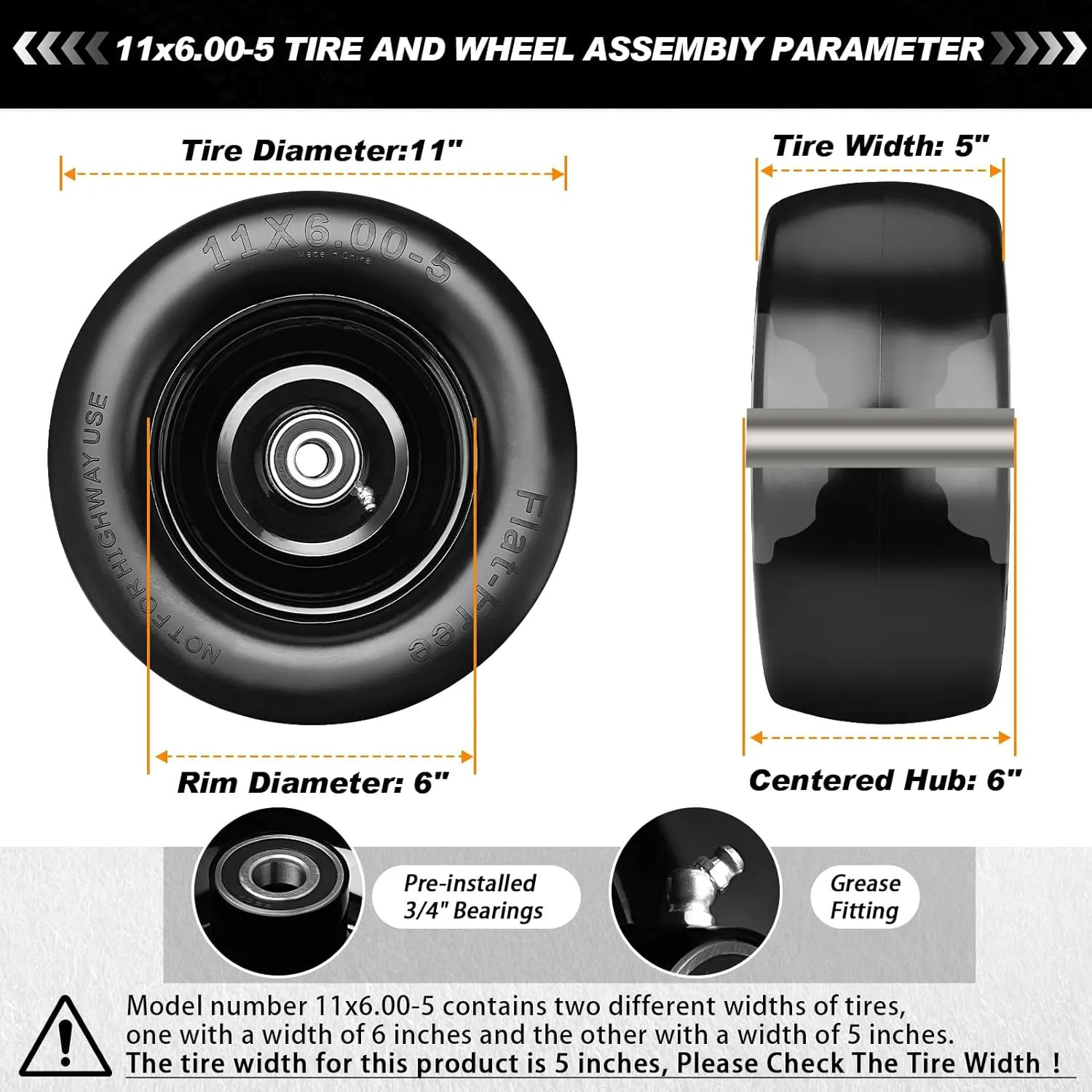 Upgrade 11x6.00-5" Flat Free Tires,2Pcs Solid Smooth Lawn Mower Tires Assembly with 3/4" 5/8" Bearing for Bad Boy Mower Tires,Cub Cadet Front Tire,Riding Lawn Mower Tire,Zero Turn Lawn Mower Tires