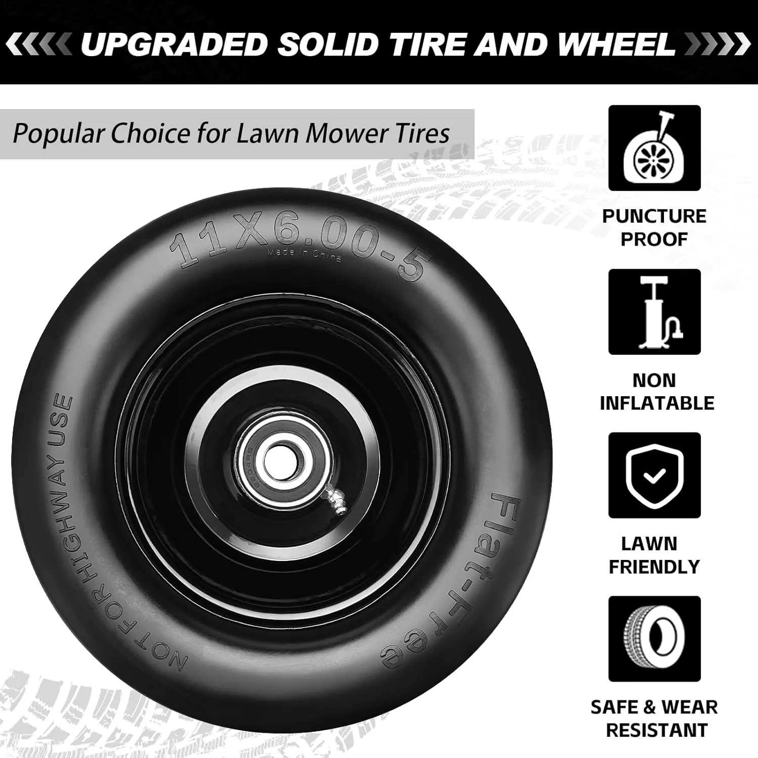 Upgrade 11x6.00-5" Flat Free Tires,2Pcs Solid Smooth Lawn Mower Tires Assembly with 3/4" 5/8" Bearing for Bad Boy Mower Tires,Cub Cadet Front Tire,Riding Lawn Mower Tire,Zero Turn Lawn Mower Tires