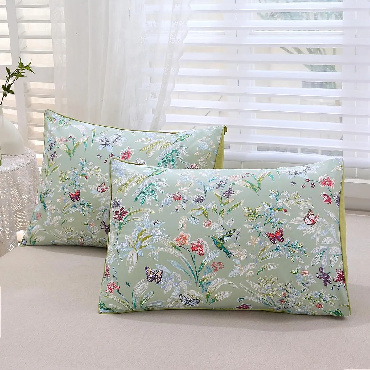 URBONUR Green Floral Duvet Cover Set Queen Size 100% Egyptian Cotton Bedding Set Farmhouse Butterfly Print Comforter Cover with Button Closure (3Pcs, Queen)