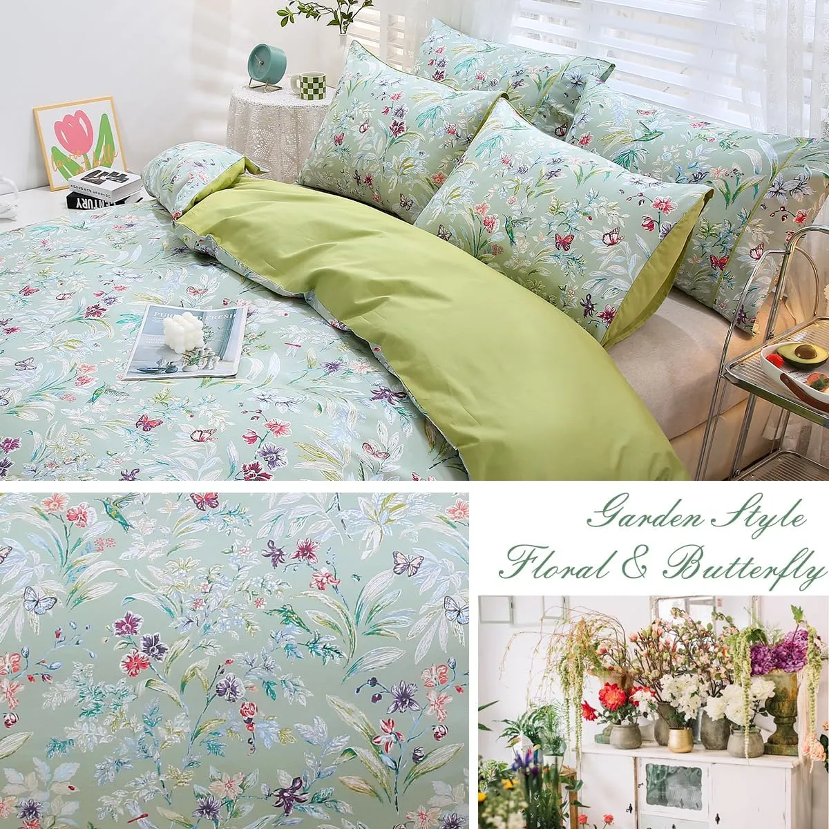 URBONUR Green Floral Duvet Cover Set Queen Size 100% Egyptian Cotton Bedding Set Farmhouse Butterfly Print Comforter Cover with Button Closure (3Pcs, Queen)