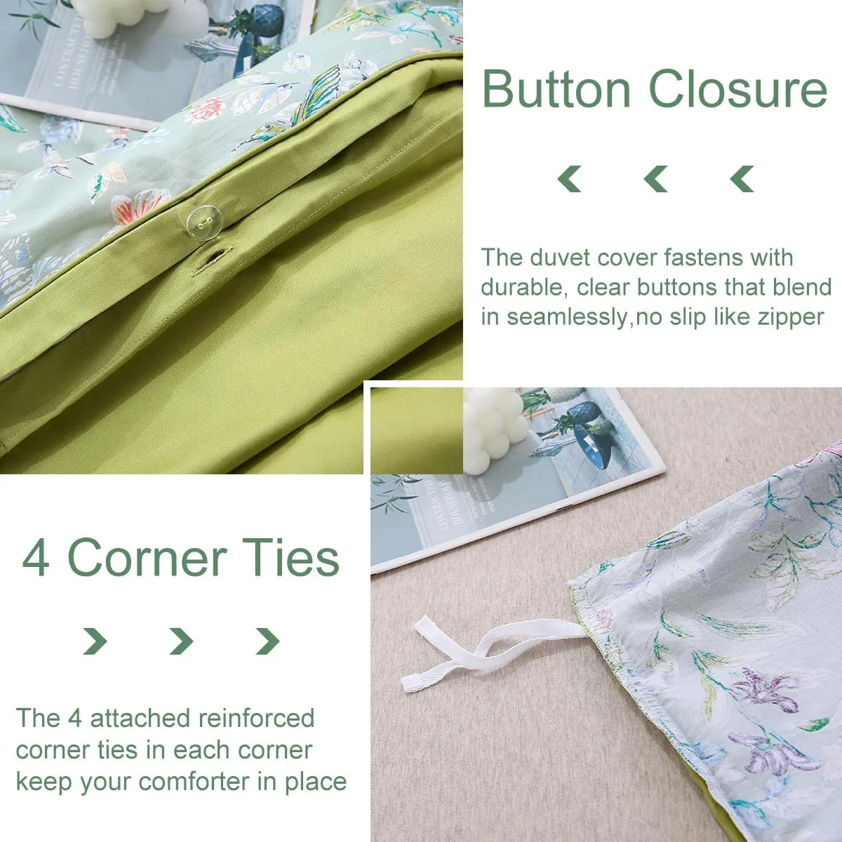 URBONUR Green Floral Duvet Cover Set Queen Size 100% Egyptian Cotton Bedding Set Farmhouse Butterfly Print Comforter Cover with Button Closure (3Pcs, Queen)