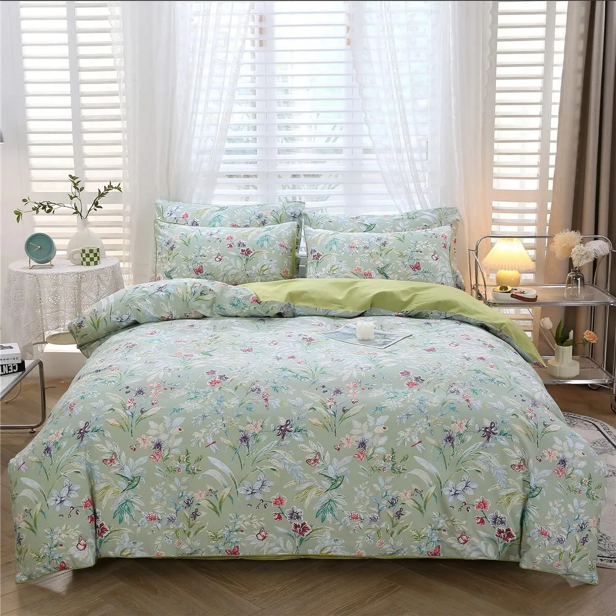 URBONUR Green Floral Duvet Cover Set Queen Size 100% Egyptian Cotton Bedding Set Farmhouse Butterfly Print Comforter Cover with Button Closure (3Pcs, Queen)