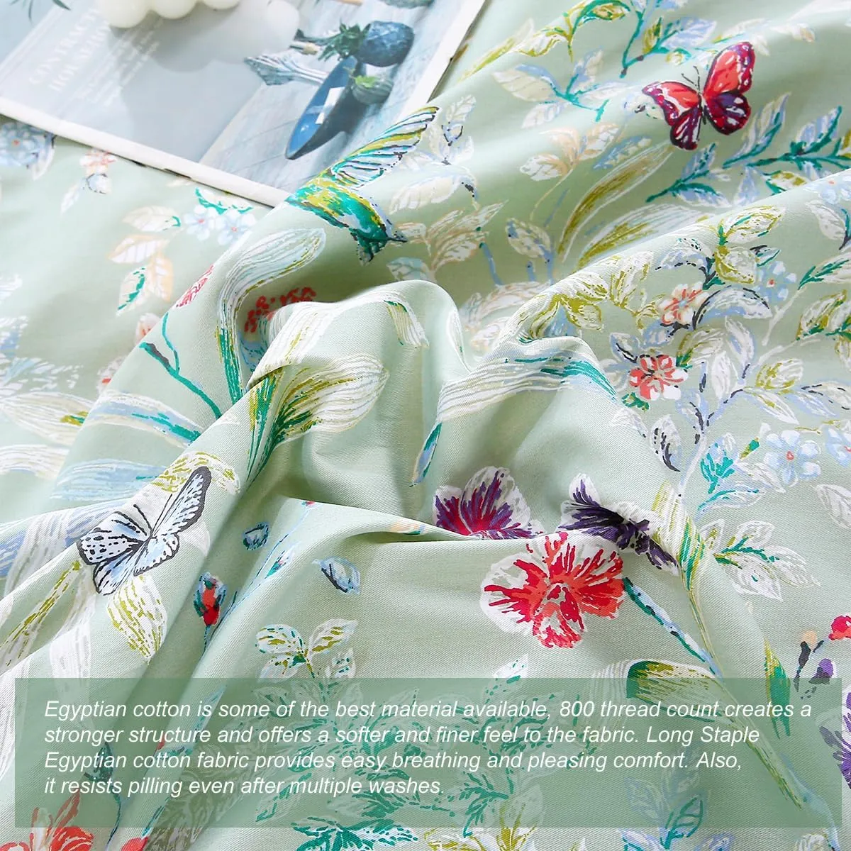 URBONUR Green Floral Duvet Cover Set Queen Size 100% Egyptian Cotton Bedding Set Farmhouse Butterfly Print Comforter Cover with Button Closure (3Pcs, Queen)
