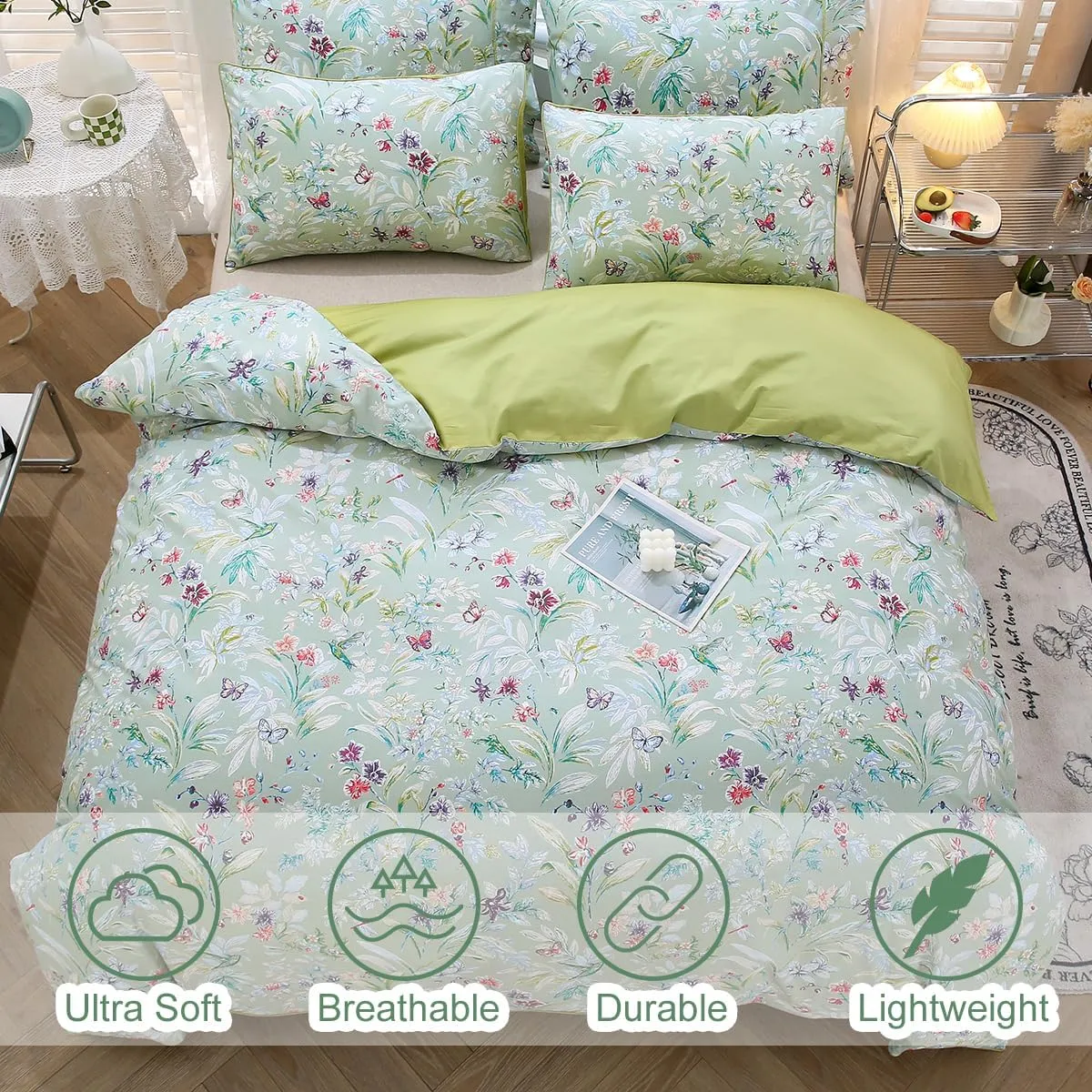 URBONUR Green Floral Duvet Cover Set Queen Size 100% Egyptian Cotton Bedding Set Farmhouse Butterfly Print Comforter Cover with Button Closure (3Pcs, Queen)