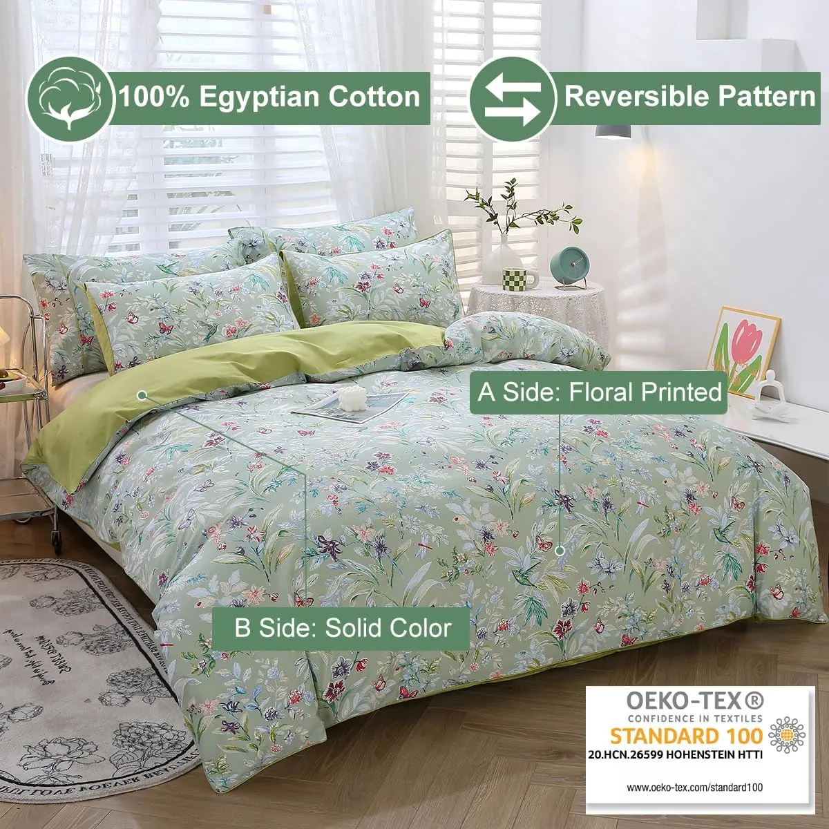 URBONUR Green Floral Duvet Cover Set Queen Size 100% Egyptian Cotton Bedding Set Farmhouse Butterfly Print Comforter Cover with Button Closure (3Pcs, Queen)