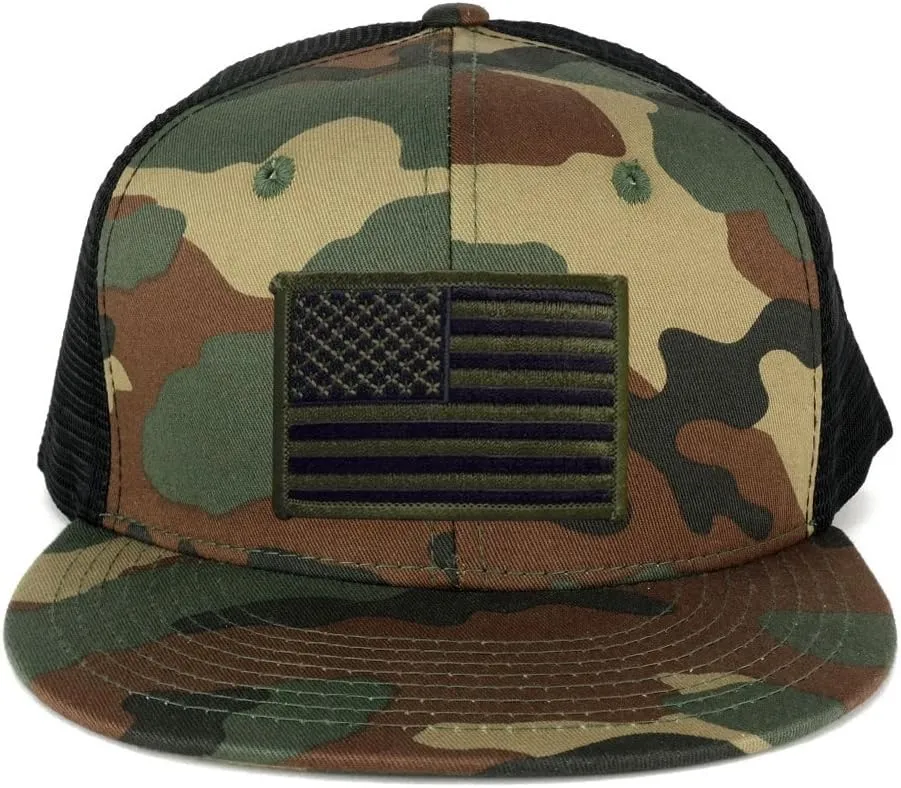 US American Flag Iron on Patch Flat Bill Camo Snapback Trucker Cap - WWB