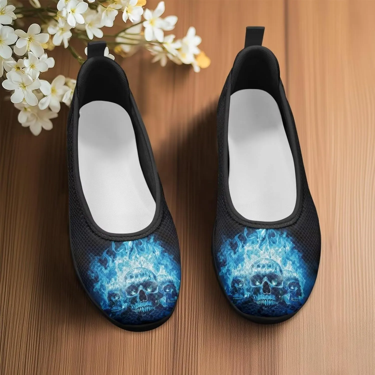 Various Creative Skull Print Walking Shoes Women Lightweight Slip On Ballet Flats Fit Comfort Mesh Casual Sneakers Work & Travel