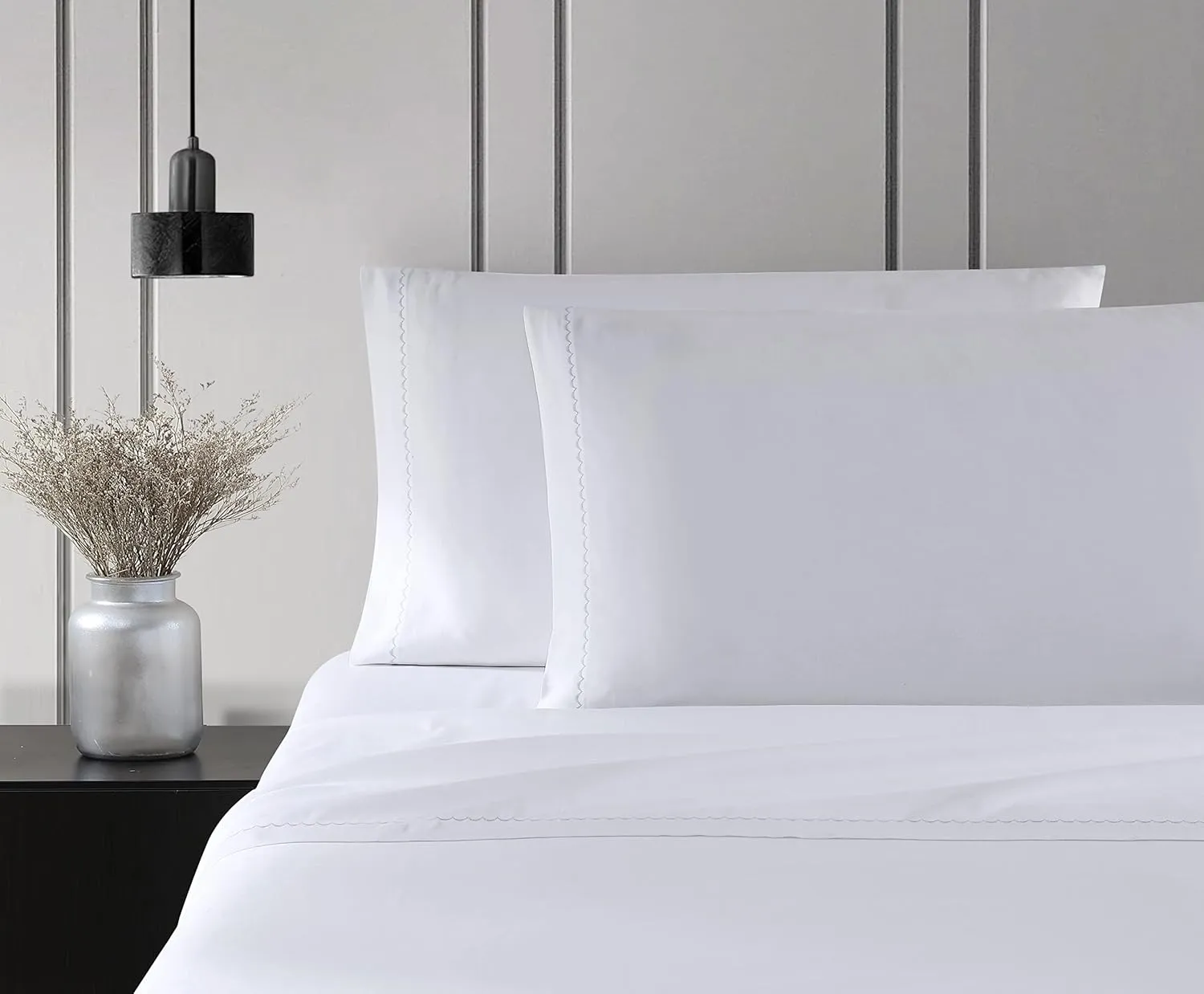 Vera Wang - King Sheets, Smooth Cotton Sateen Bedding Set, Wrinkle-Resistant Room Essentials (Simple Scallop Grey, King)