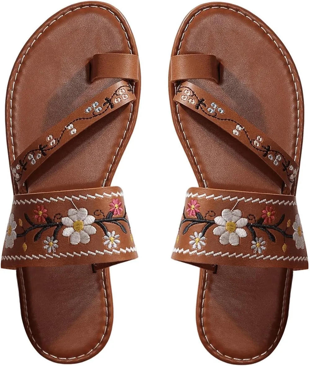 Verdusa Women's Embroidered Open Toe Slip On Flip Flop Sandals Summer Flat Sandals