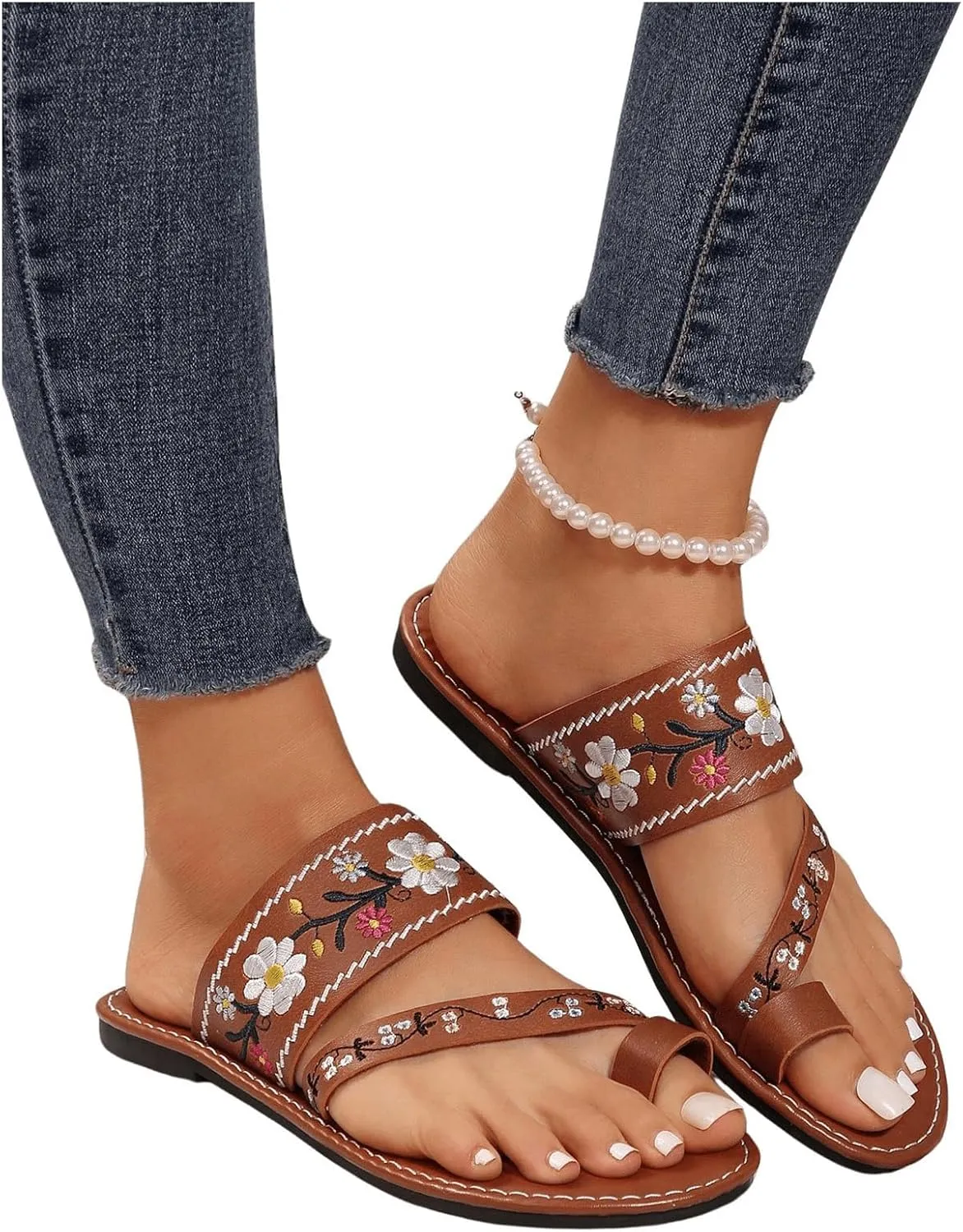 Verdusa Women's Embroidered Open Toe Slip On Flip Flop Sandals Summer Flat Sandals