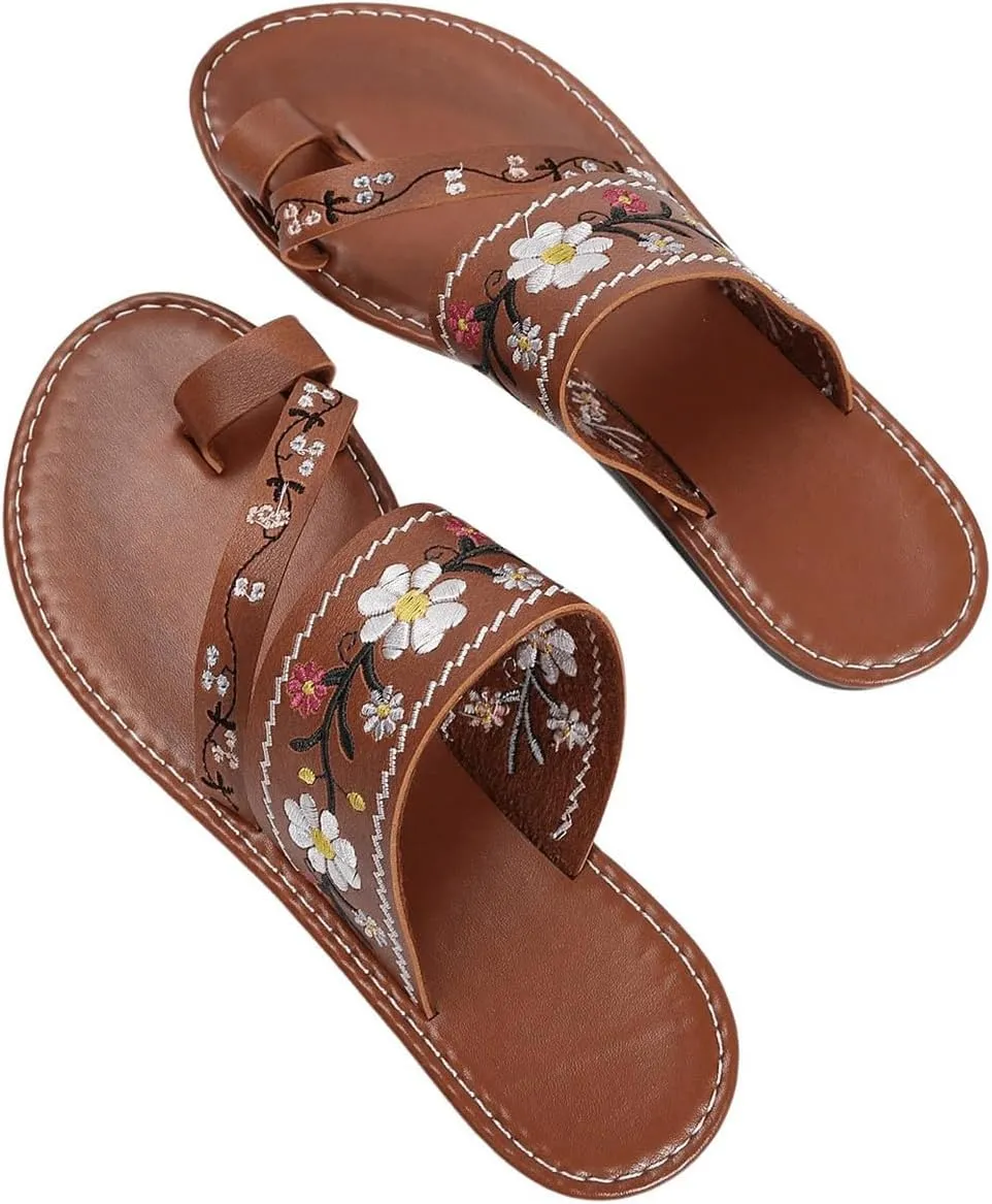 Verdusa Women's Embroidered Open Toe Slip On Flip Flop Sandals Summer Flat Sandals
