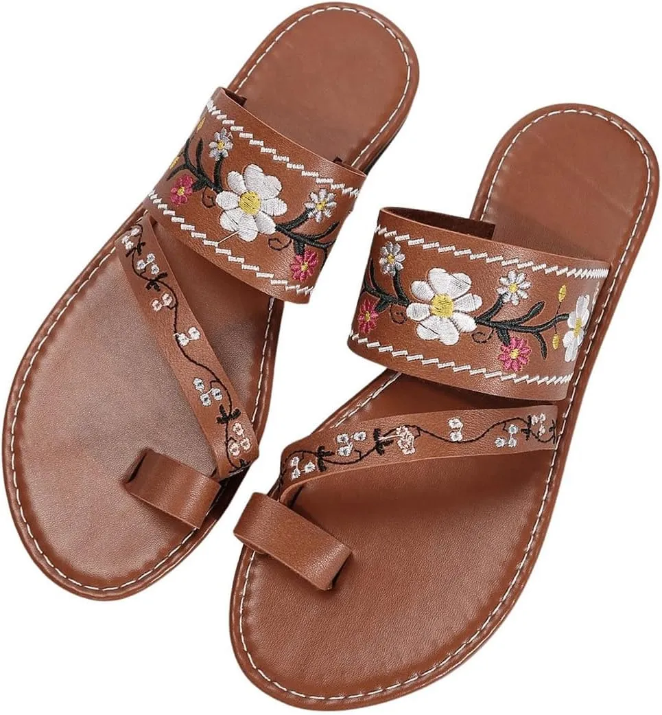 Verdusa Women's Embroidered Open Toe Slip On Flip Flop Sandals Summer Flat Sandals