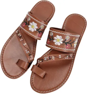 Verdusa Women's Embroidered Open Toe Slip On Flip Flop Sandals Summer Flat Sandals
