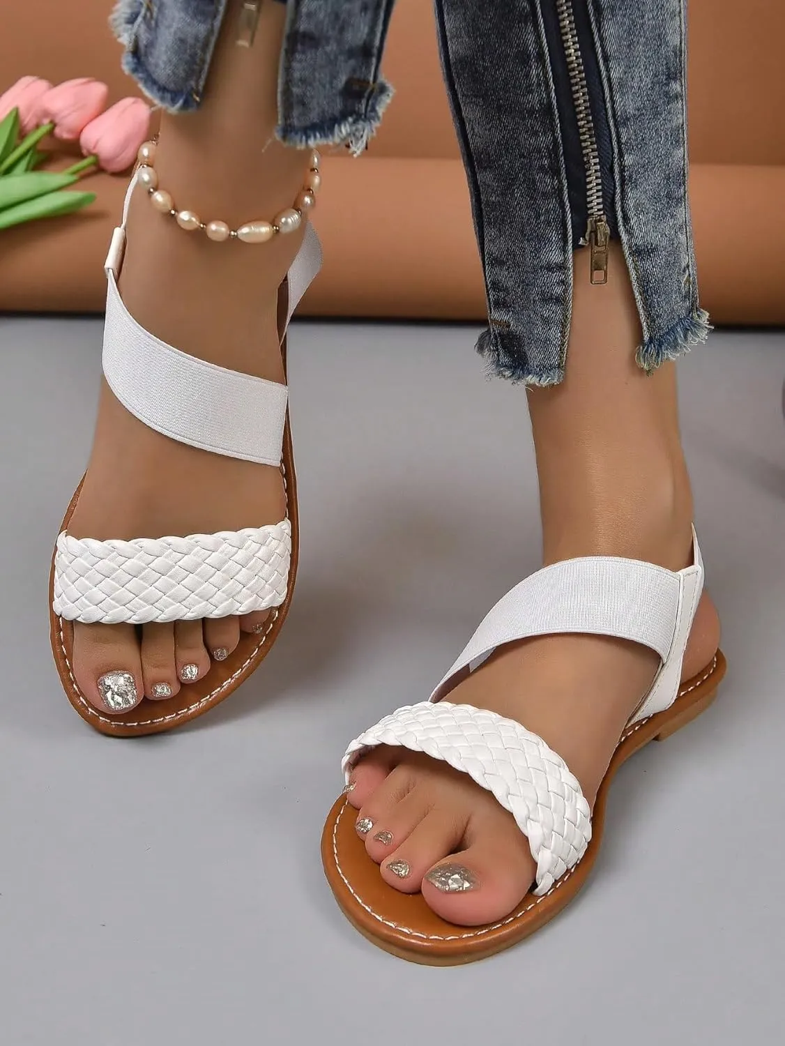Verdusa Women's Flat Sandals Slip On Summer Open Toe Braided Slingback Shoes