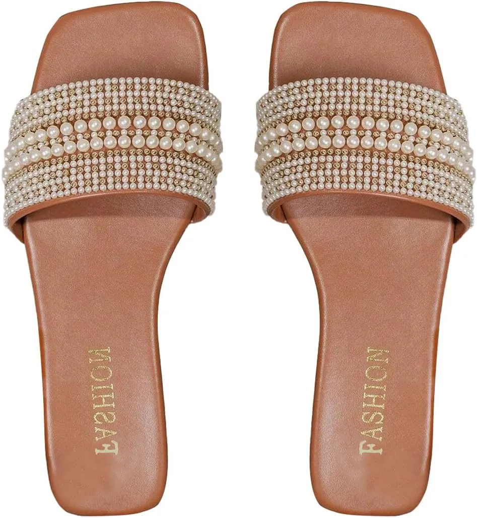 Verdusa Women's Pearl Decor Flat Sandals Slip Open Toe Leather Slippers Slip on Slides