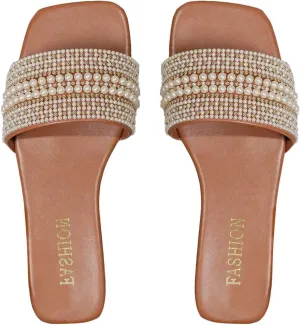 Verdusa Women's Pearl Decor Flat Sandals Slip Open Toe Leather Slippers Slip on Slides