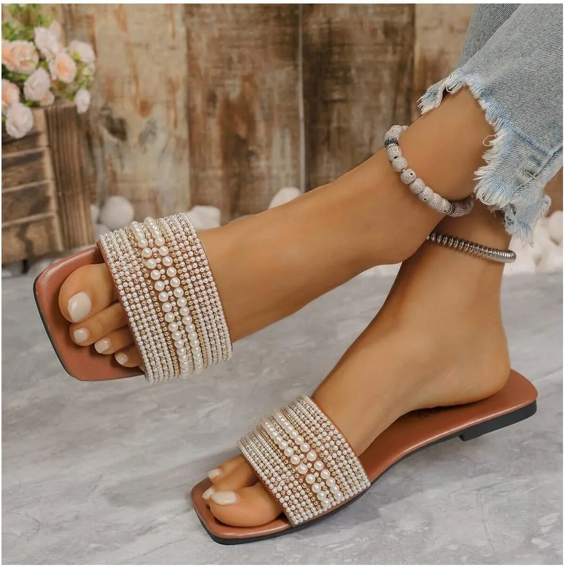 Verdusa Women's Pearl Decor Flat Sandals Slip Open Toe Leather Slippers Slip on Slides