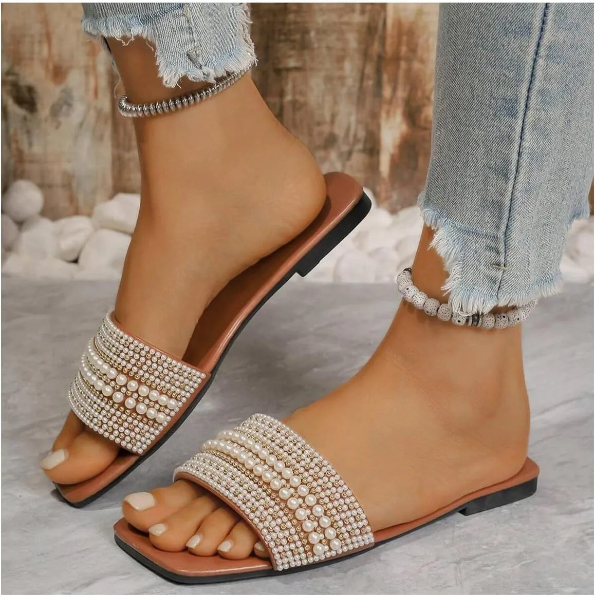 Verdusa Women's Pearl Decor Flat Sandals Slip Open Toe Leather Slippers Slip on Slides