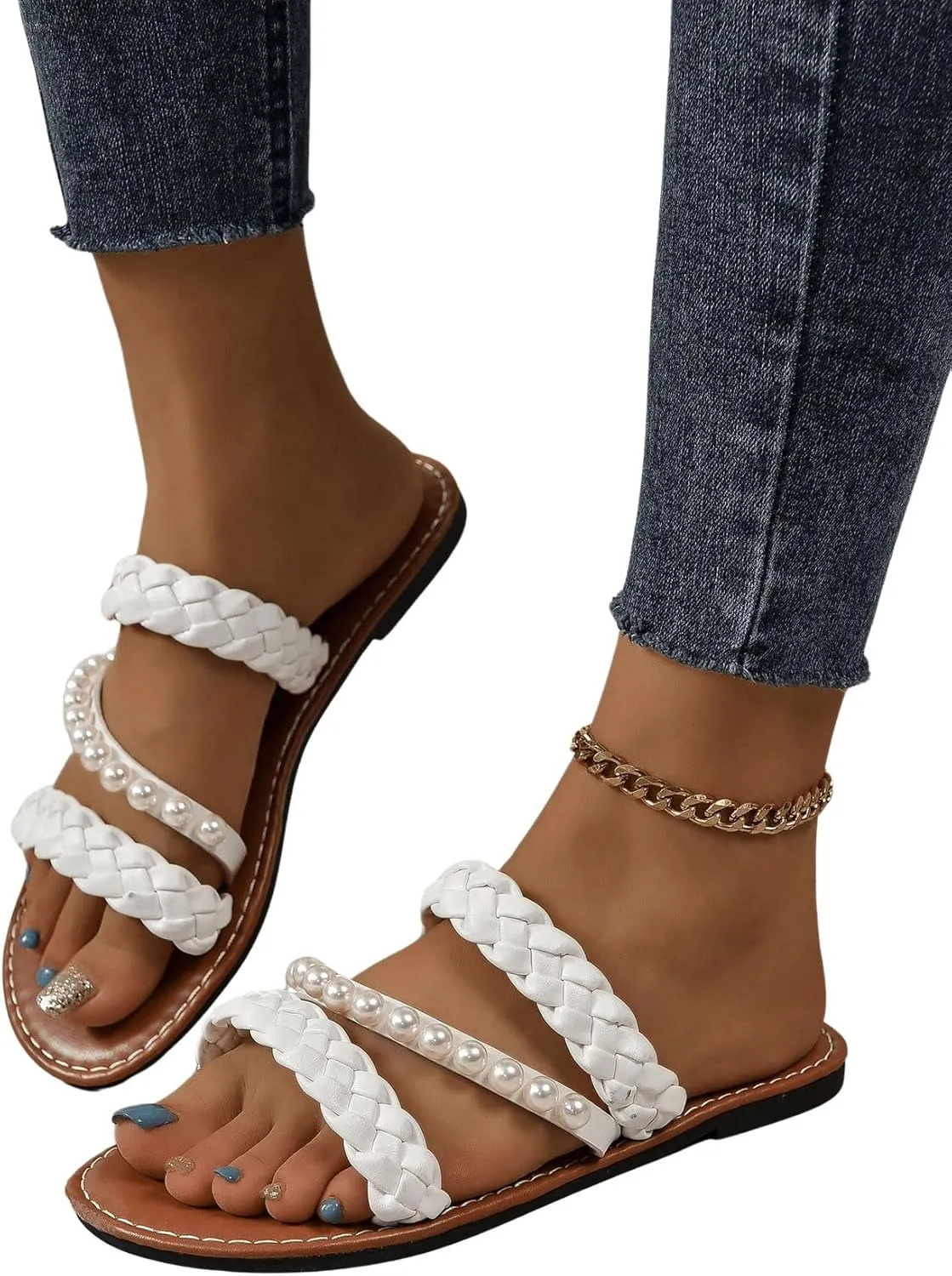 Verdusa Women's Pearls Braided Flat Sandals Open Toe Slip On Beach Slides