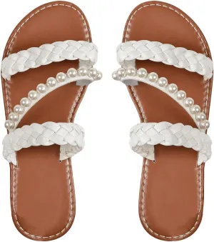 Verdusa Women's Pearls Braided Flat Sandals Open Toe Slip On Beach Slides
