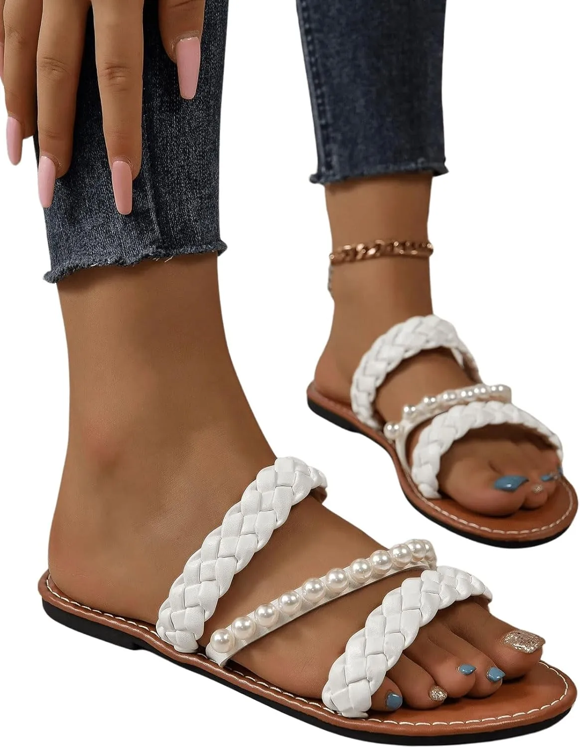 Verdusa Women's Pearls Braided Flat Sandals Open Toe Slip On Beach Slides
