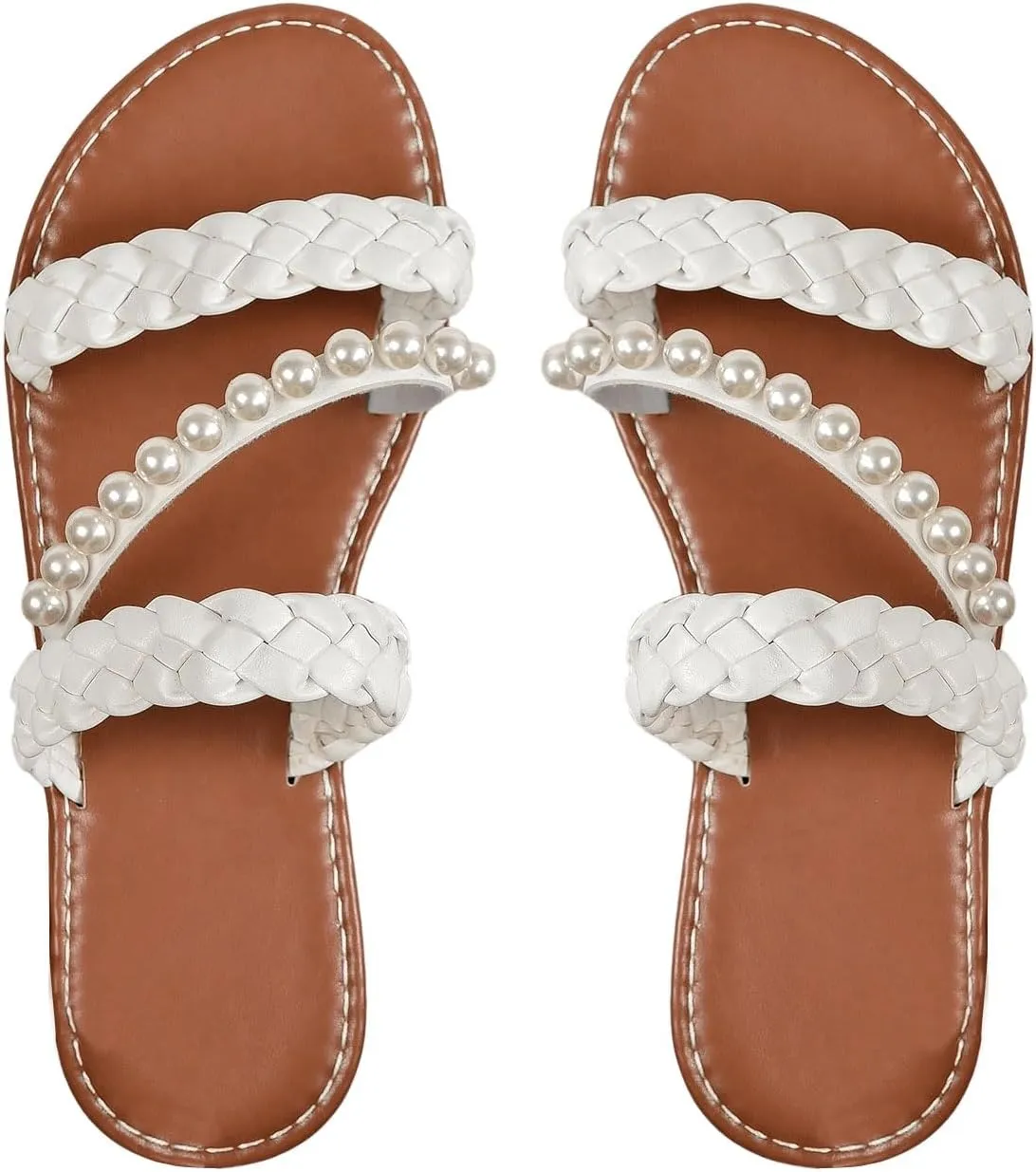 Verdusa Women's Pearls Braided Flat Sandals Open Toe Slip On Beach Slides