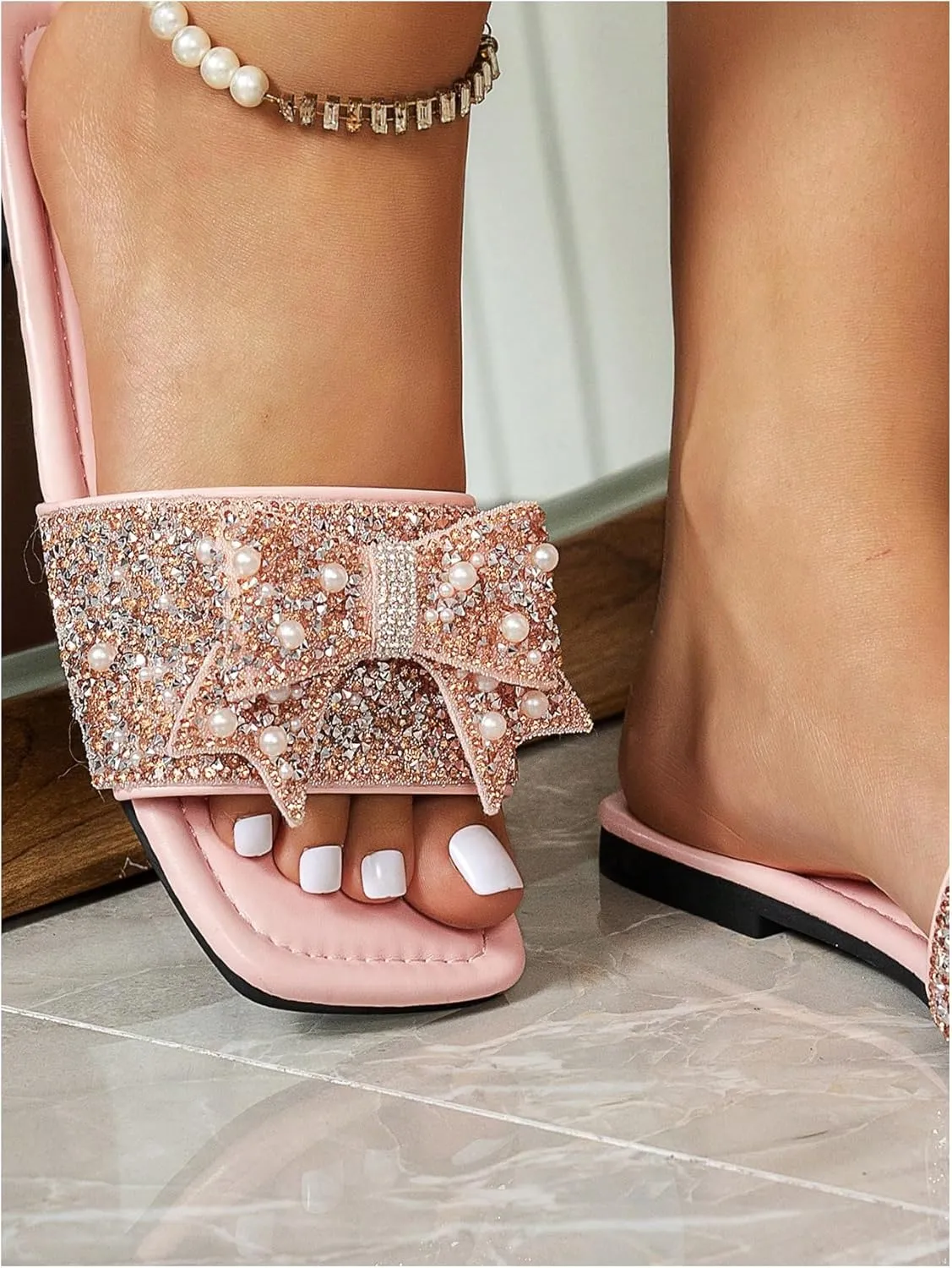 Verdusa Women's Rhinestone peals Bow Leather Flat Sandals Slip on Open Toe Sandals
