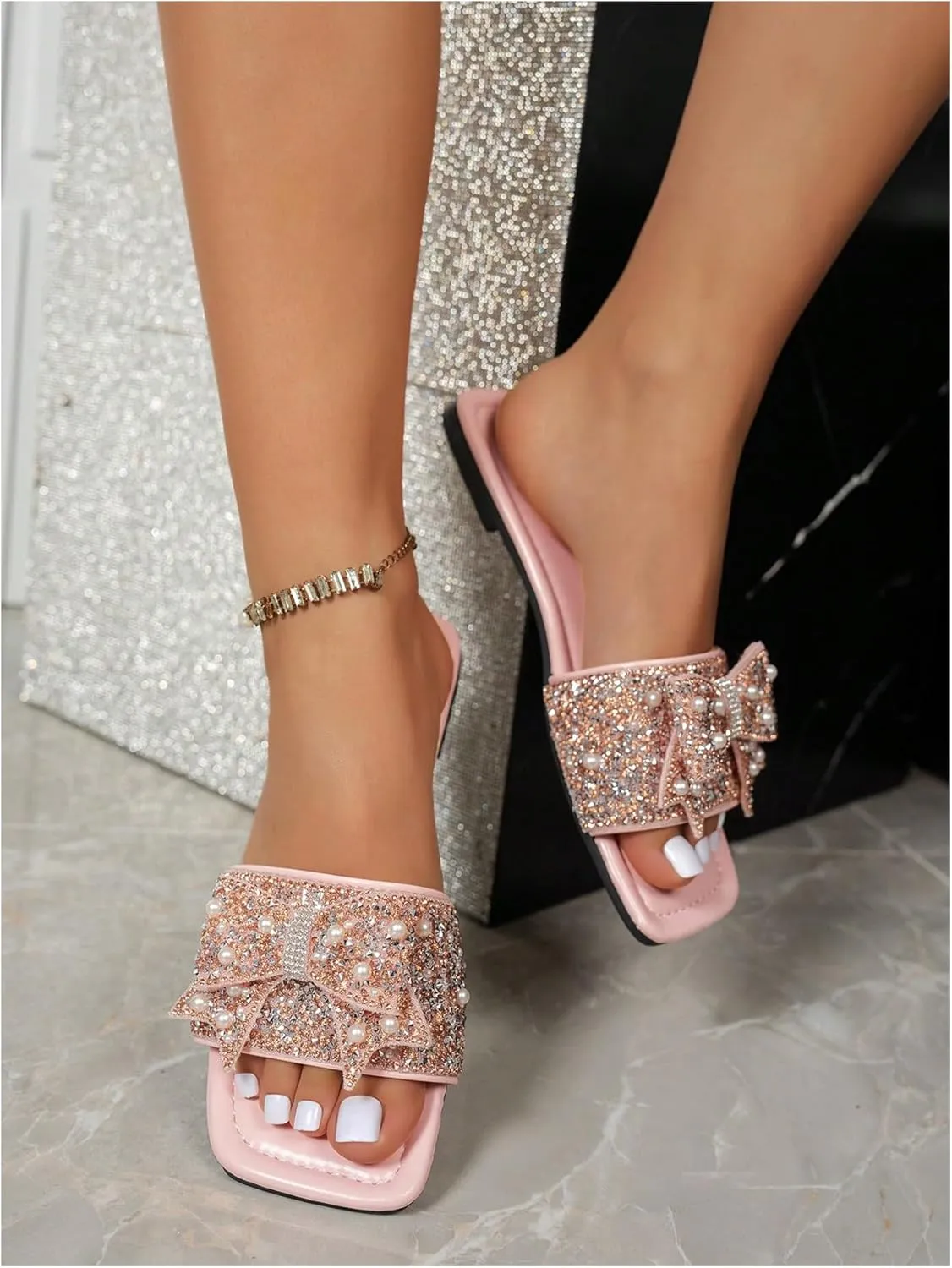 Verdusa Women's Rhinestone peals Bow Leather Flat Sandals Slip on Open Toe Sandals