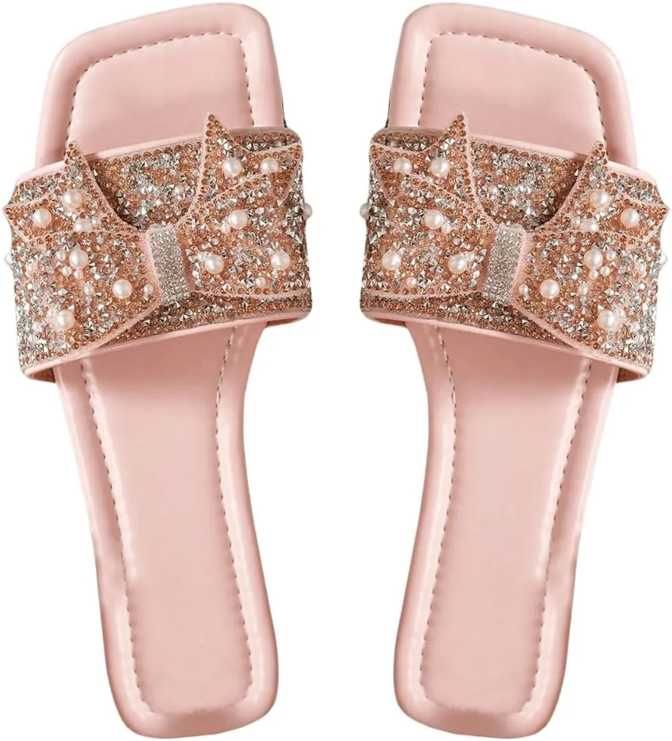 Verdusa Women's Rhinestone peals Bow Leather Flat Sandals Slip on Open Toe Sandals