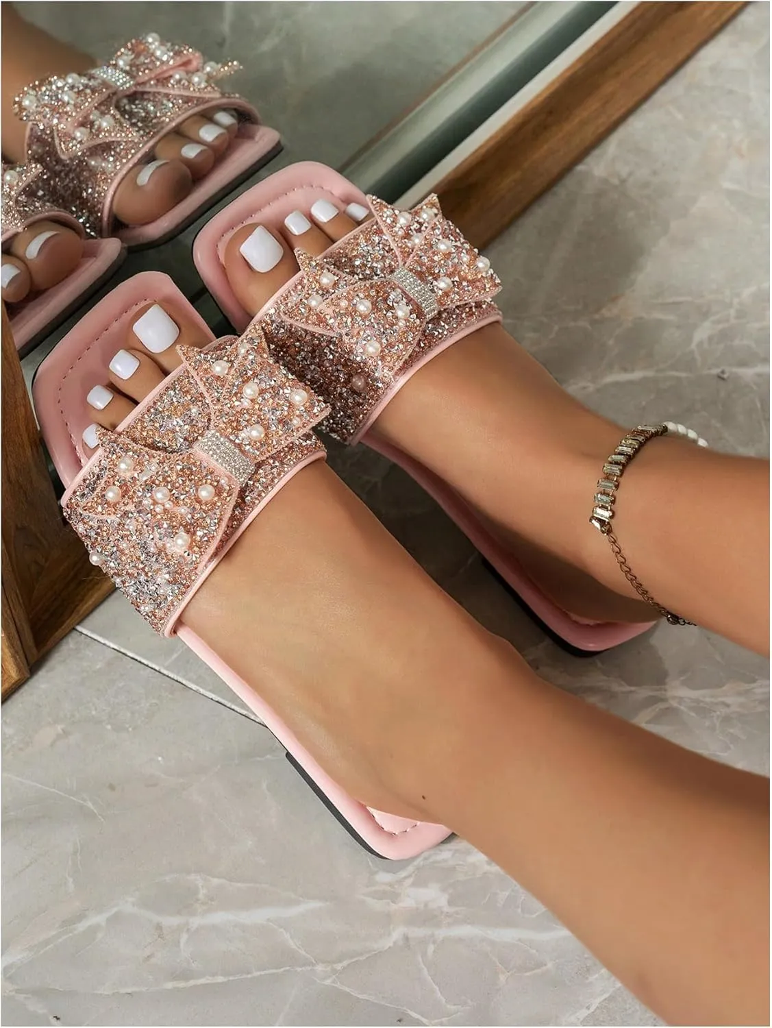 Verdusa Women's Rhinestone peals Bow Leather Flat Sandals Slip on Open Toe Sandals