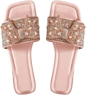 Verdusa Women's Rhinestone peals Bow Leather Flat Sandals Slip on Open Toe Sandals