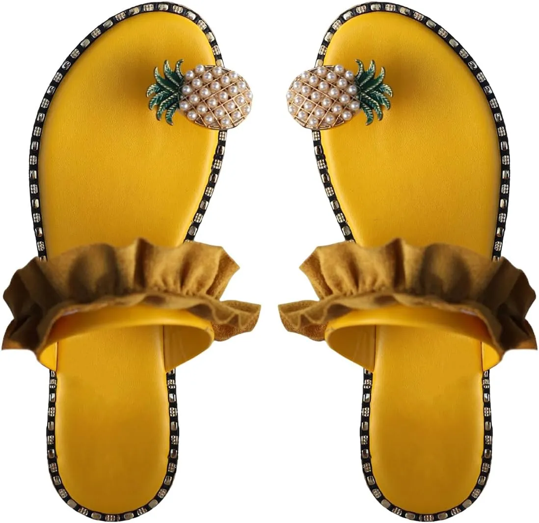 Verdusa Women's Ruffle Trim Ring Toe Slip on Flip Flop Beaded Flat Sandals
