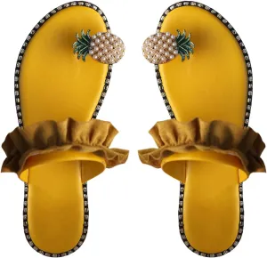 Verdusa Women's Ruffle Trim Ring Toe Slip on Flip Flop Beaded Flat Sandals