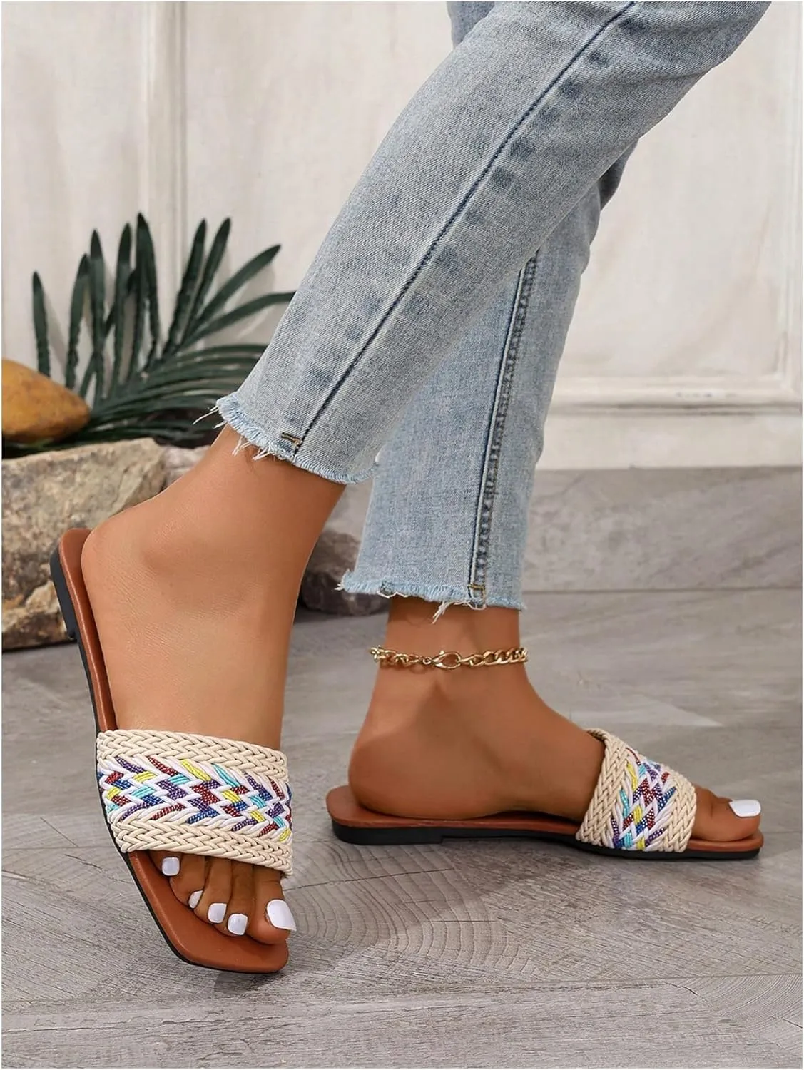 Verdusa Women's Slip On Flat Sandals Summer Outdoor Square Open Toe Slide Sandals
