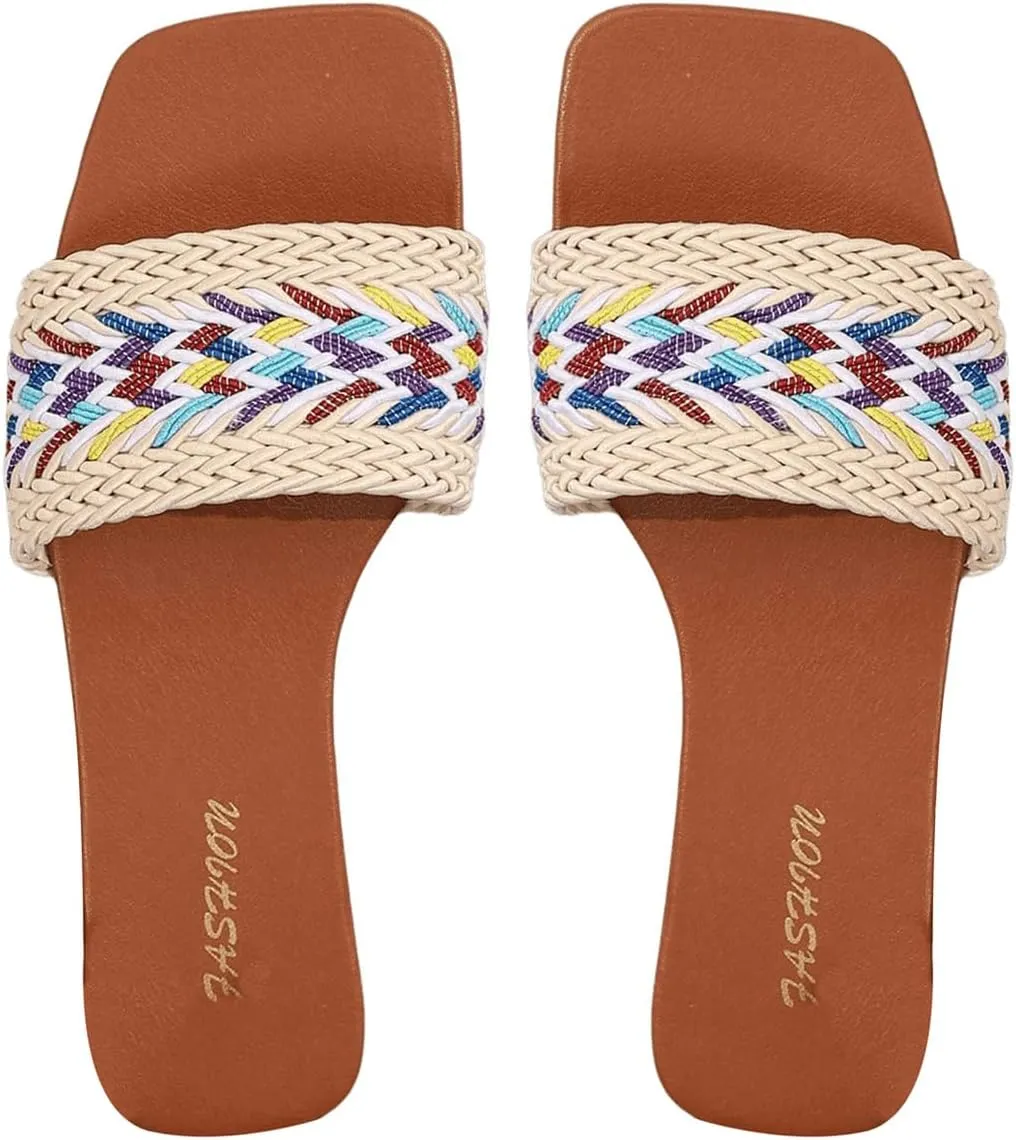 Verdusa Women's Slip On Flat Sandals Summer Outdoor Square Open Toe Slide Sandals