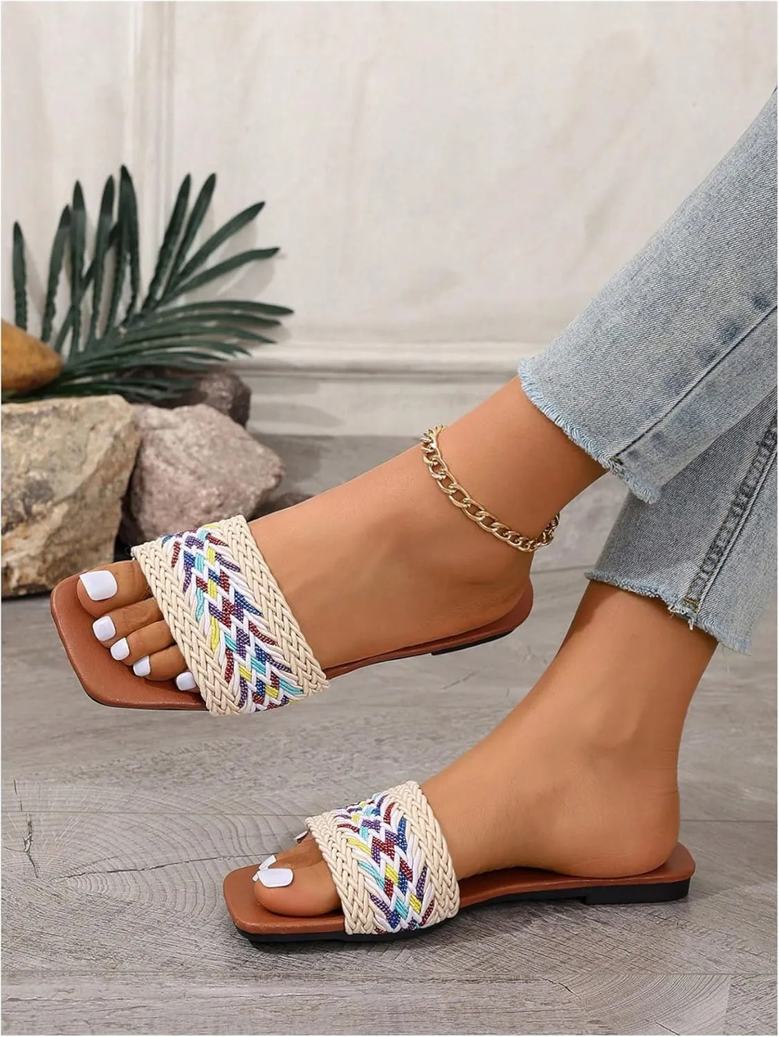 Verdusa Women's Slip On Flat Sandals Summer Outdoor Square Open Toe Slide Sandals