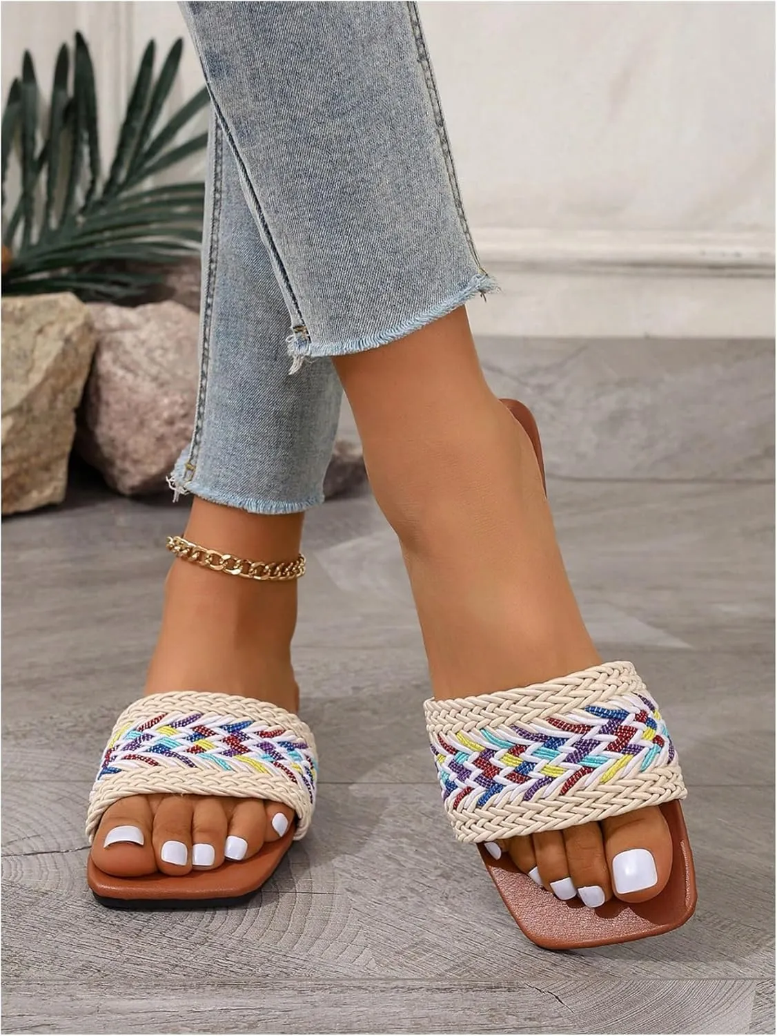 Verdusa Women's Slip On Flat Sandals Summer Outdoor Square Open Toe Slide Sandals