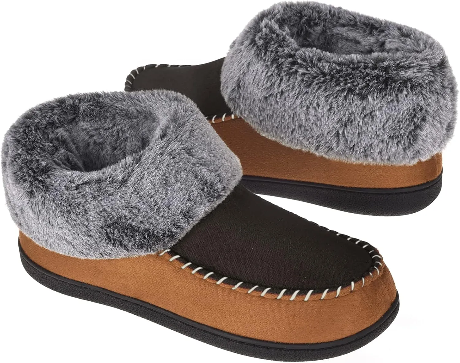 VONMAY Women's Bootie Slippers Suede Moccasin Boots Fuzzy Plush Faux Fur House Shoes Winter Warm Memory Foam Non-slip Indoor Outdoor