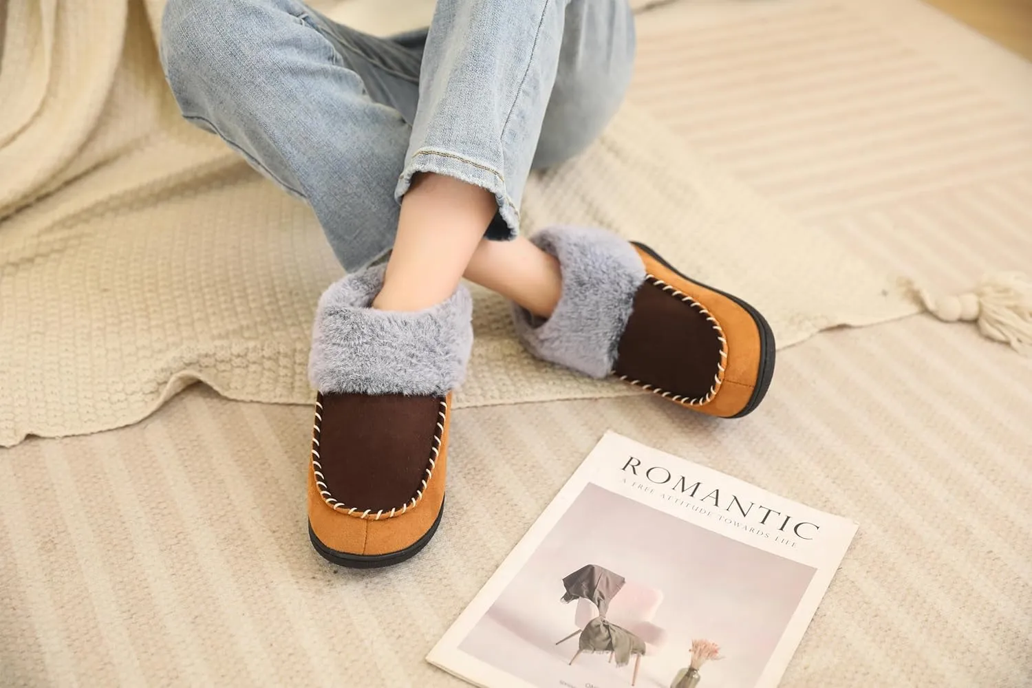 VONMAY Women's Bootie Slippers Suede Moccasin Boots Fuzzy Plush Faux Fur House Shoes Winter Warm Memory Foam Non-slip Indoor Outdoor