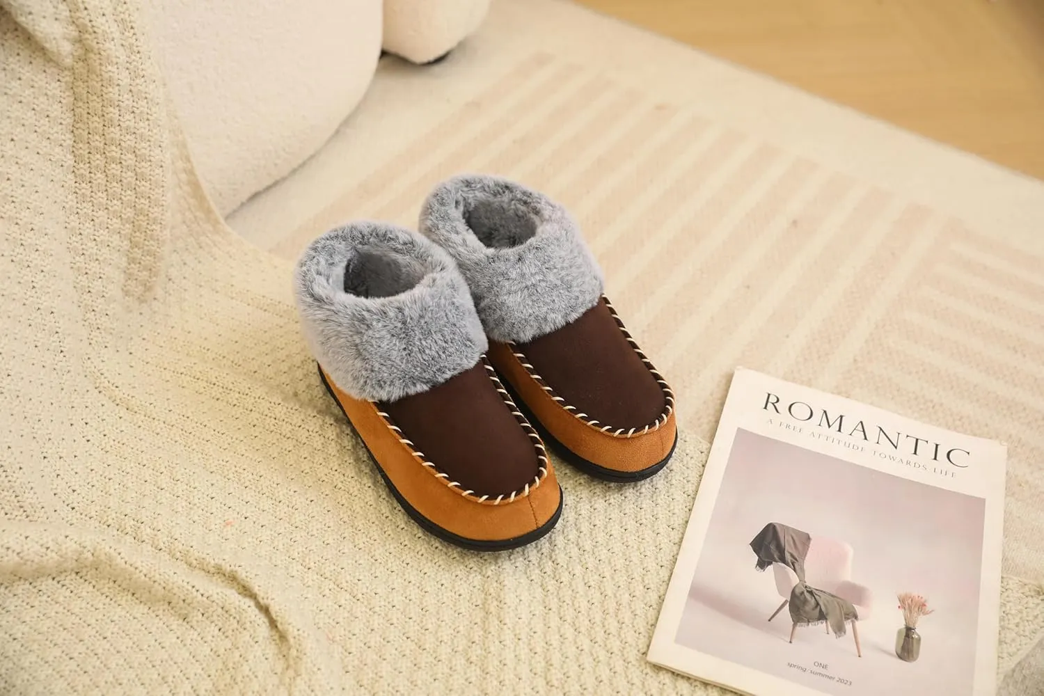 VONMAY Women's Bootie Slippers Suede Moccasin Boots Fuzzy Plush Faux Fur House Shoes Winter Warm Memory Foam Non-slip Indoor Outdoor